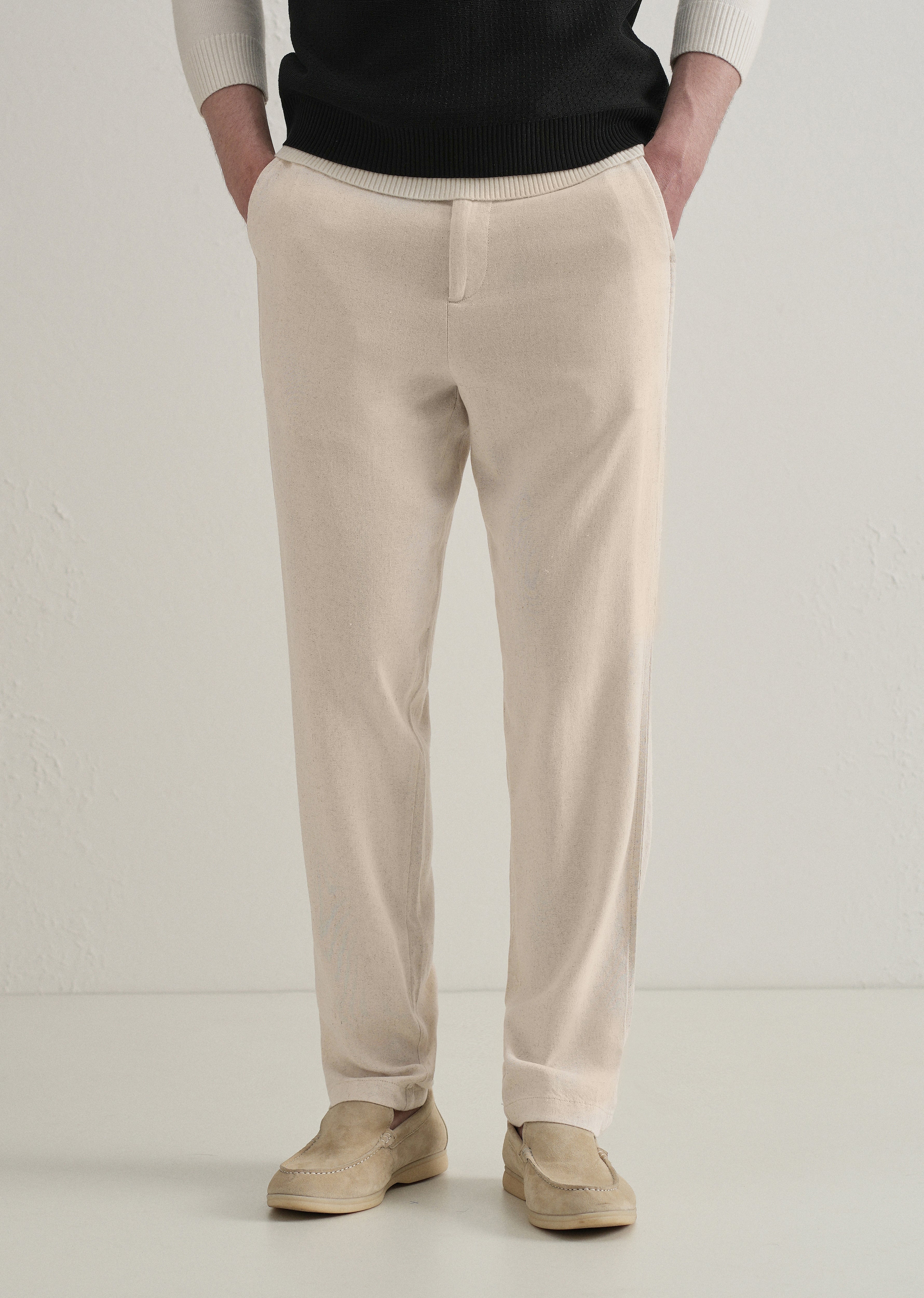 Beige Relaxed Fit Blended Linen Trouser