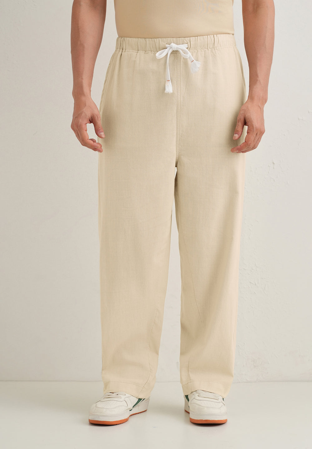 Beige Relaxed Fit Cotton Trouser