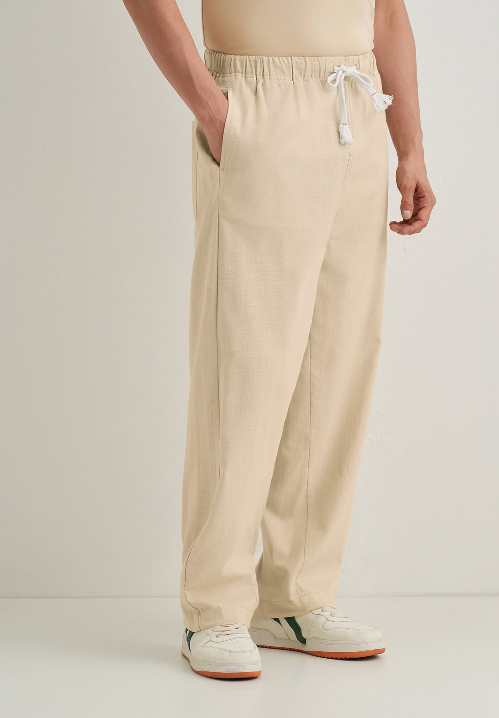 Beige Relaxed Fit Cotton Trouser