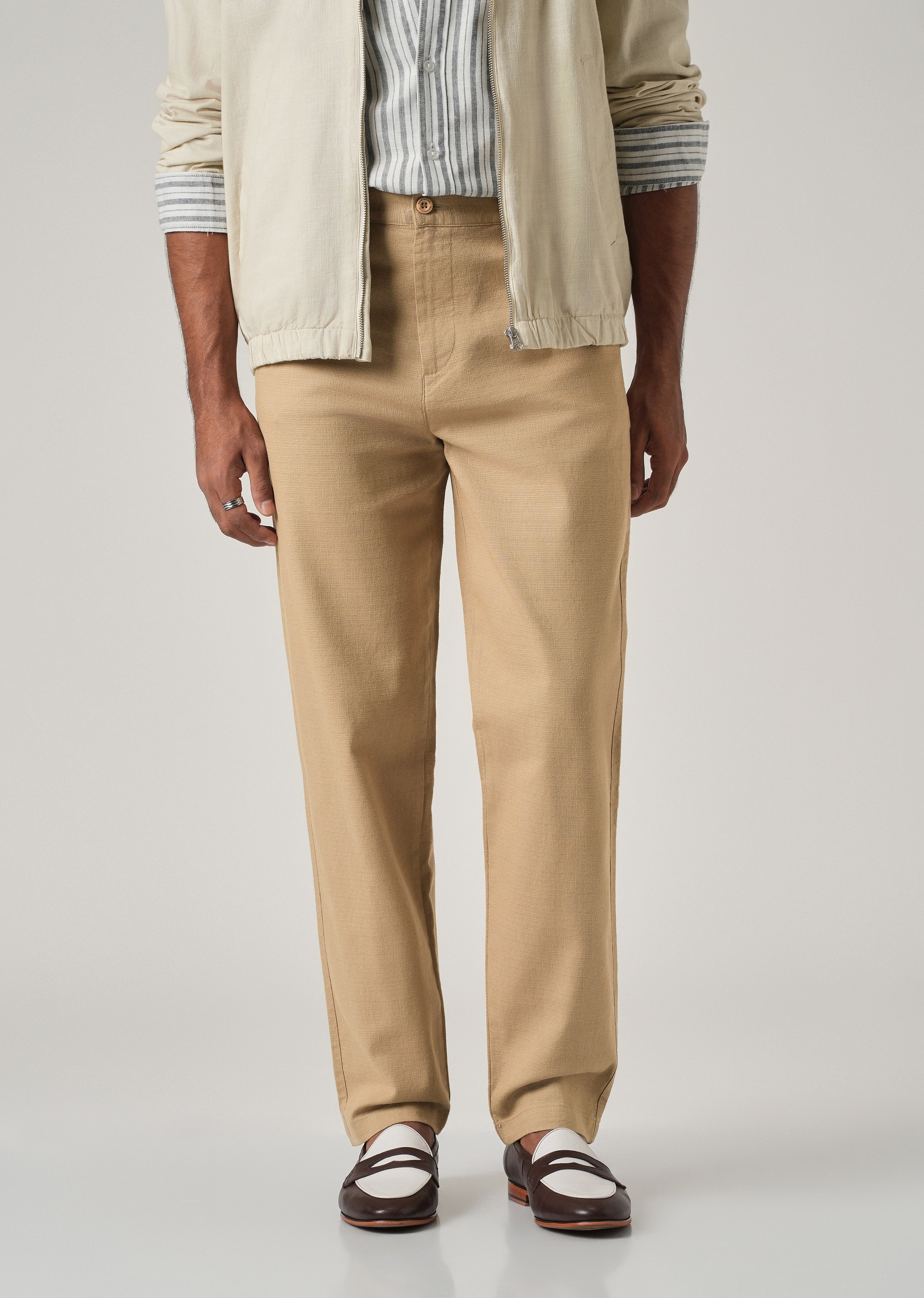 Beige Linen-Look Cotton Trousers