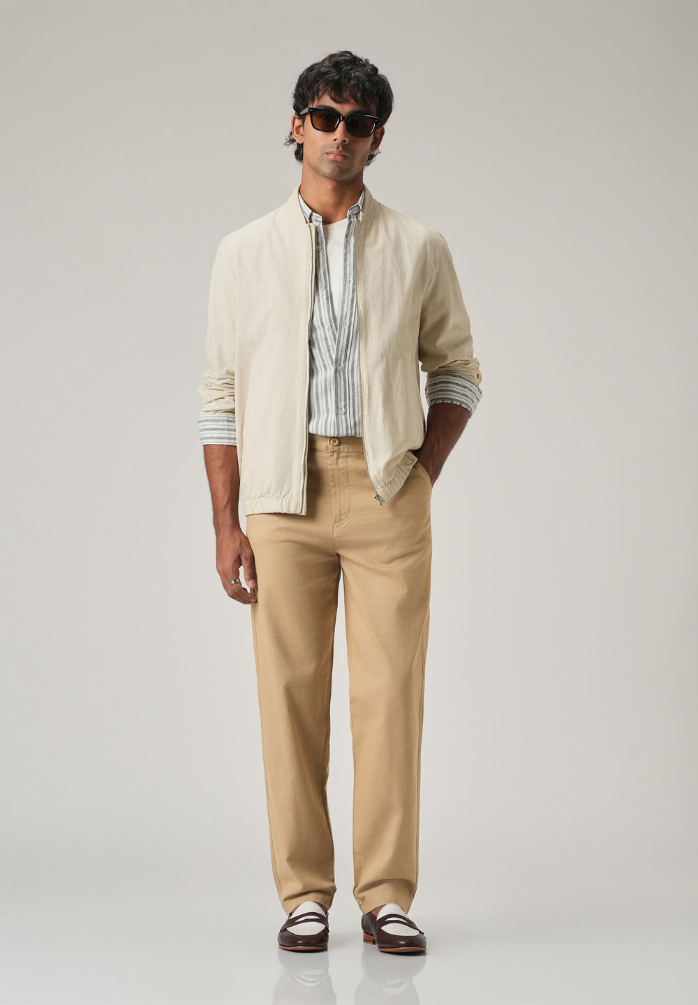 Beige Linen-Look Cotton Trousers
