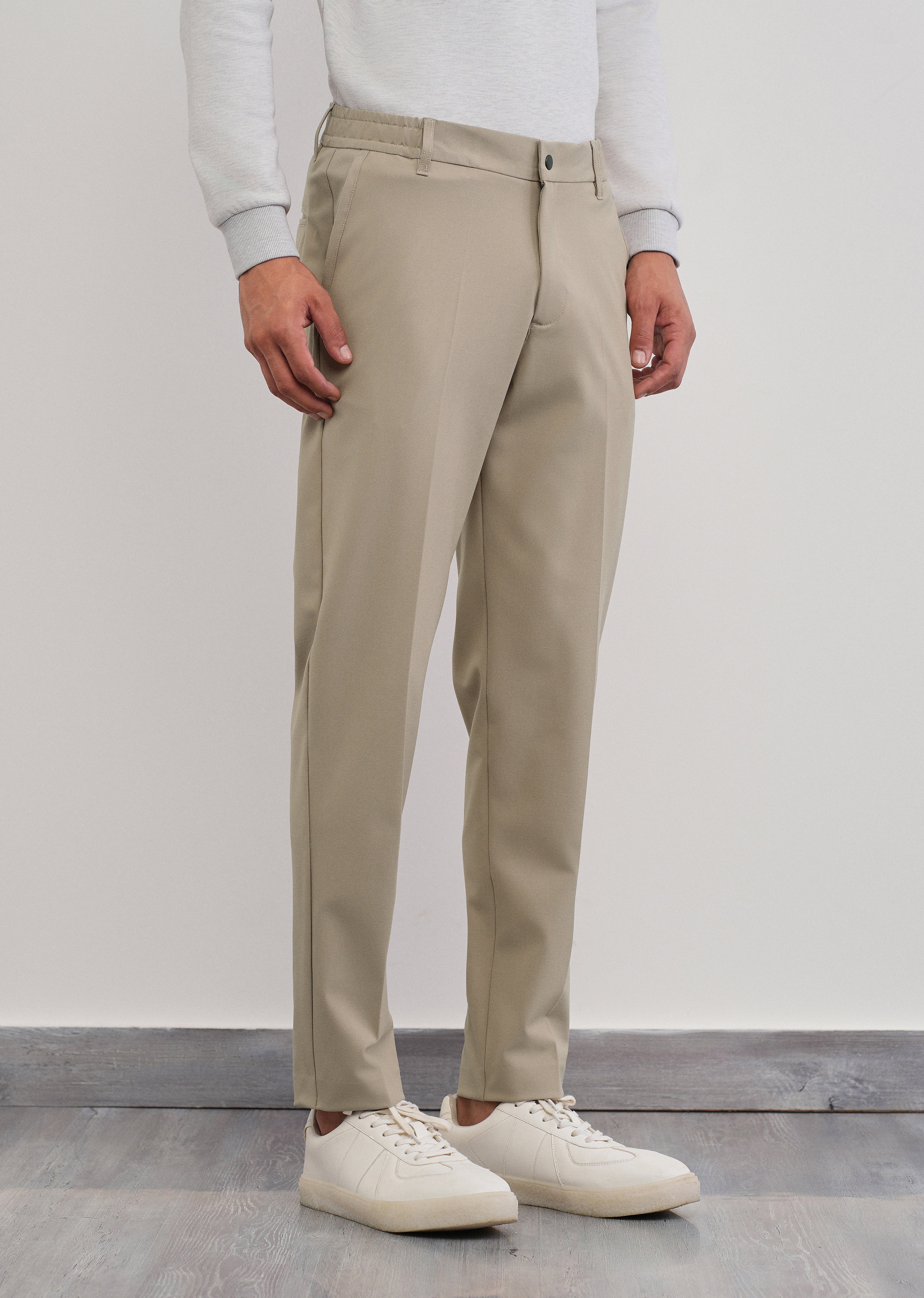 Beige Semi-Elastic Slim Fit Trouser