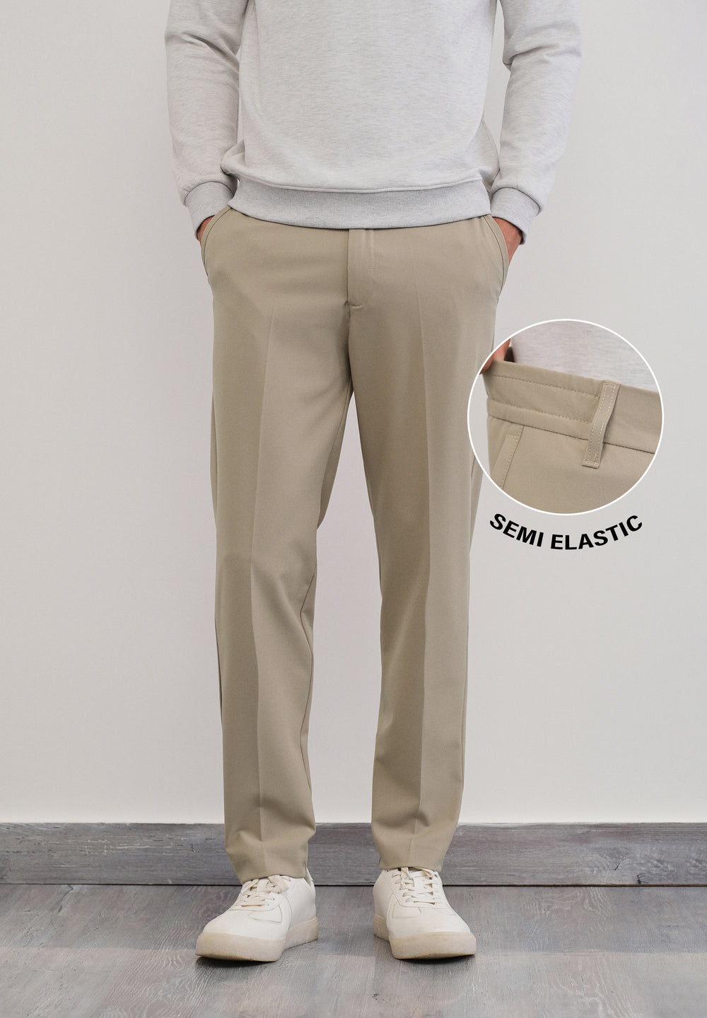 Beige Semi-Elastic Slim Fit Trouser