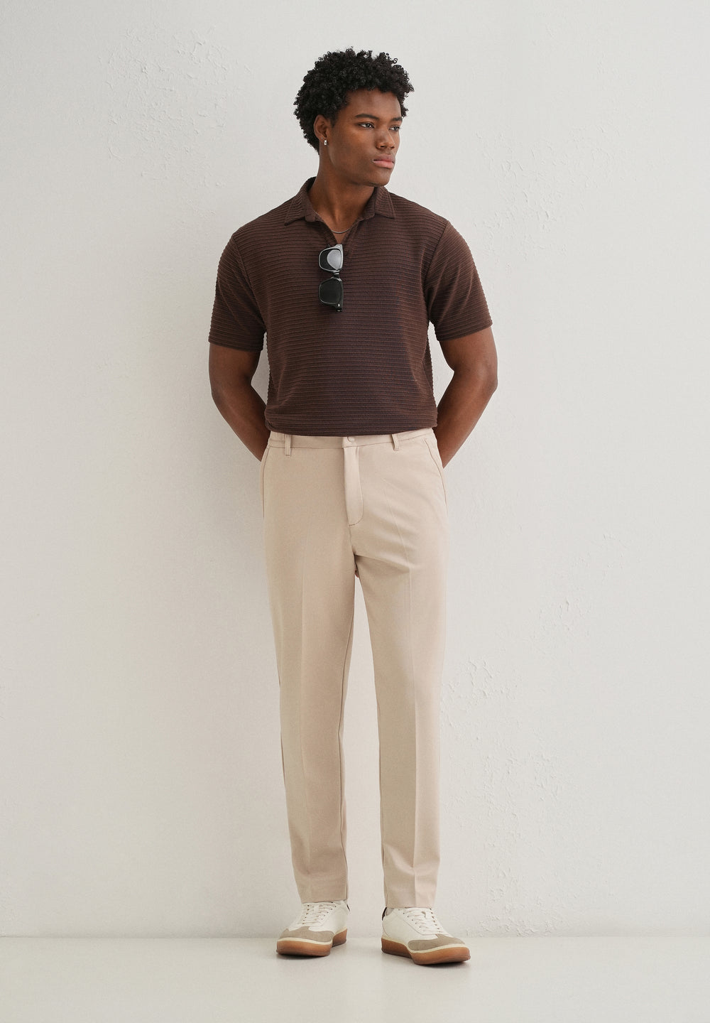 Beige Semi Elasticated Slim Fit Trouser