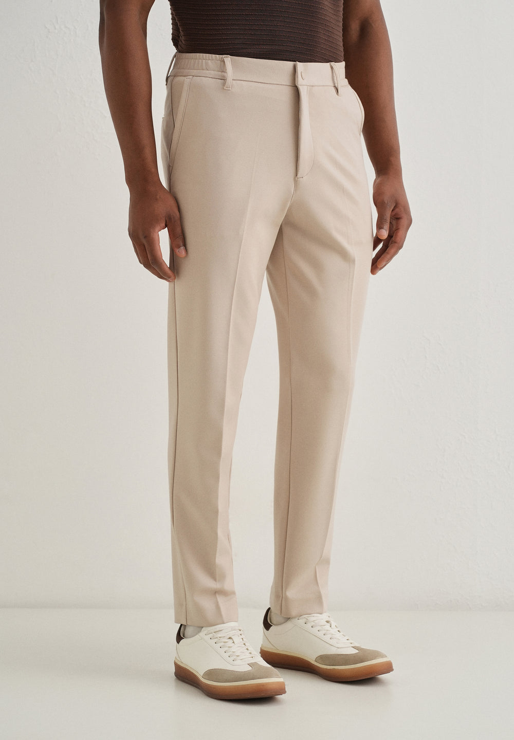 Beige Semi Elasticated Slim Fit Trouser