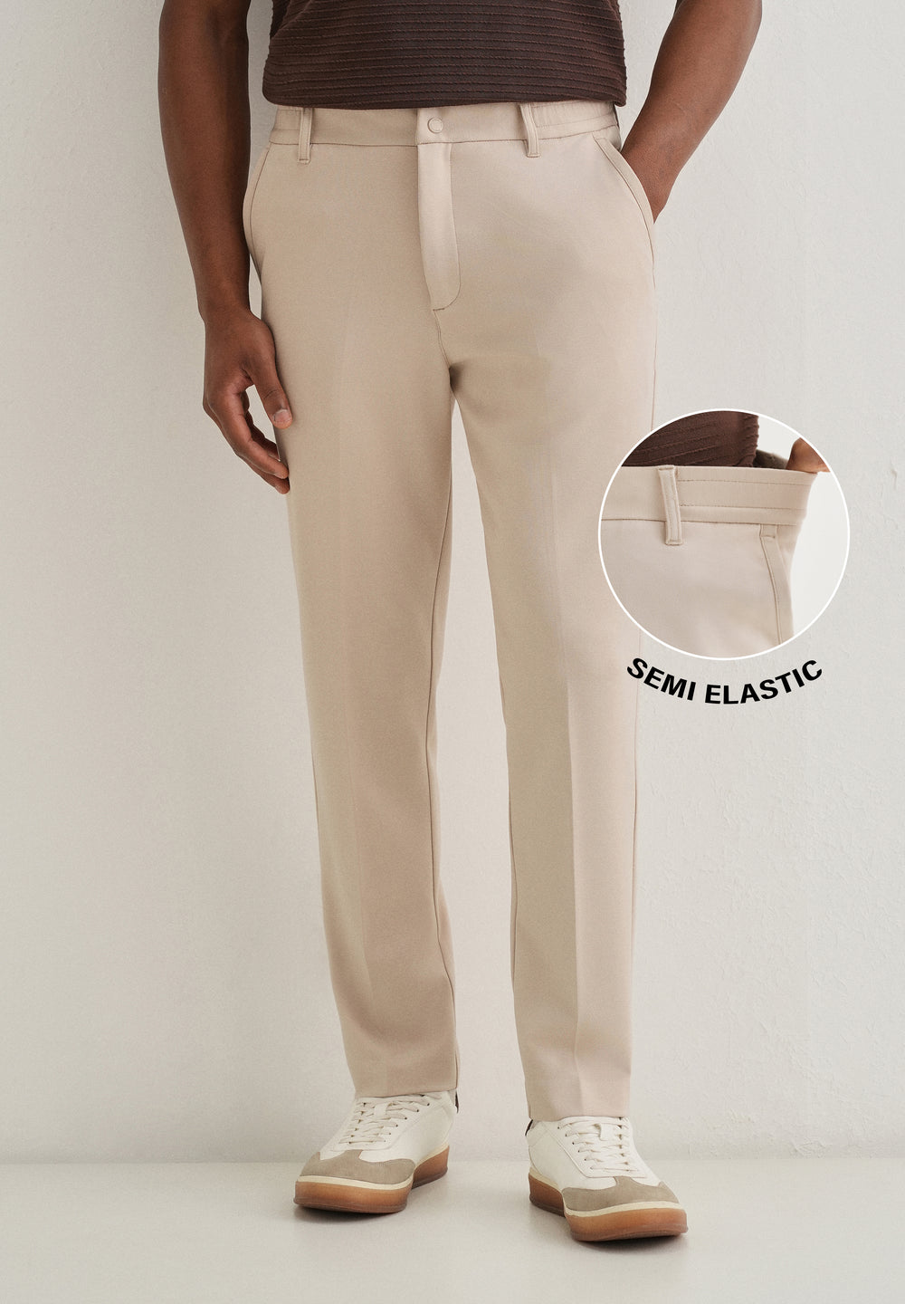 Beige Semi Elasticated Slim Fit Trouser
