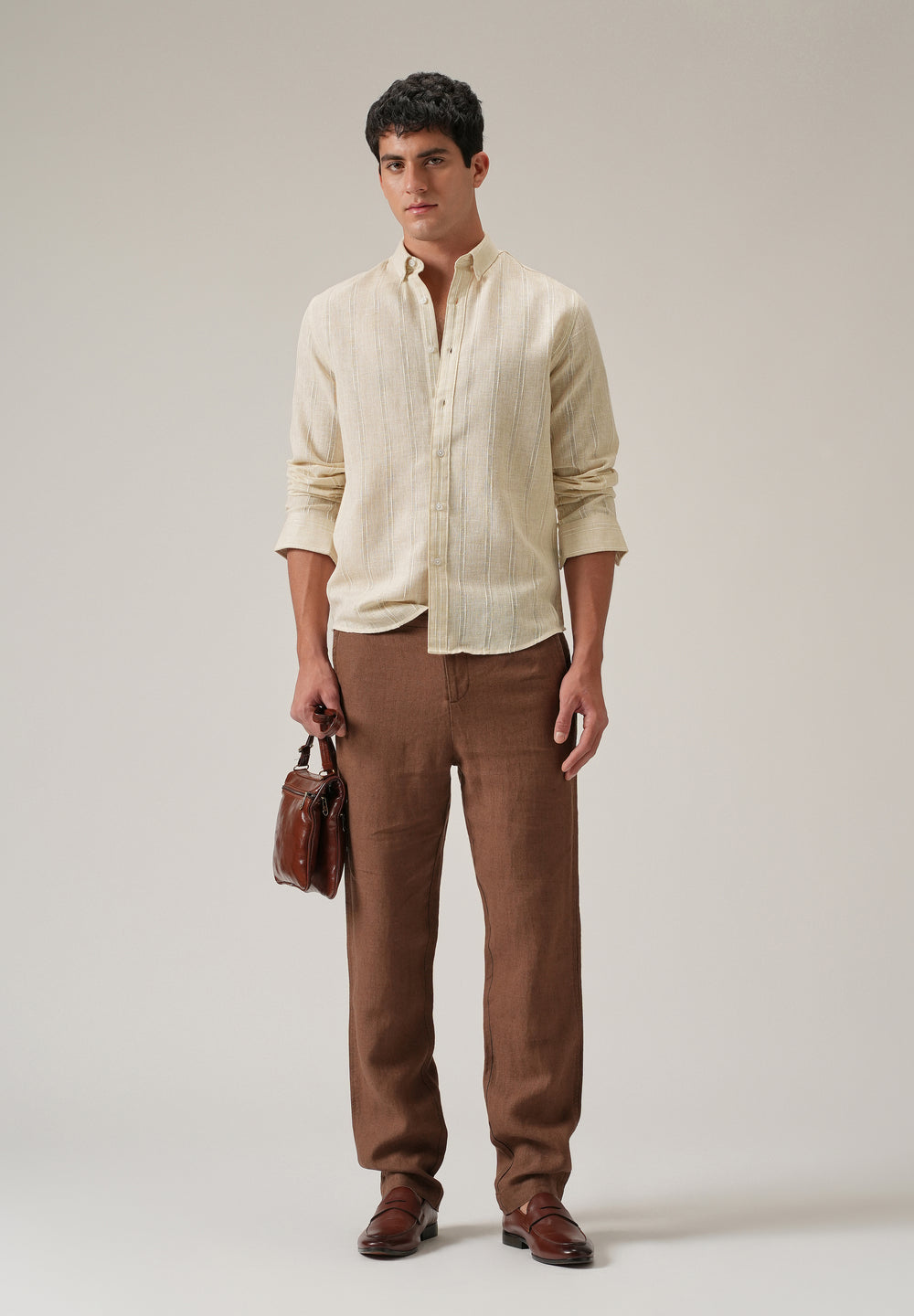 Beige Stripe Blended Linen Shirt