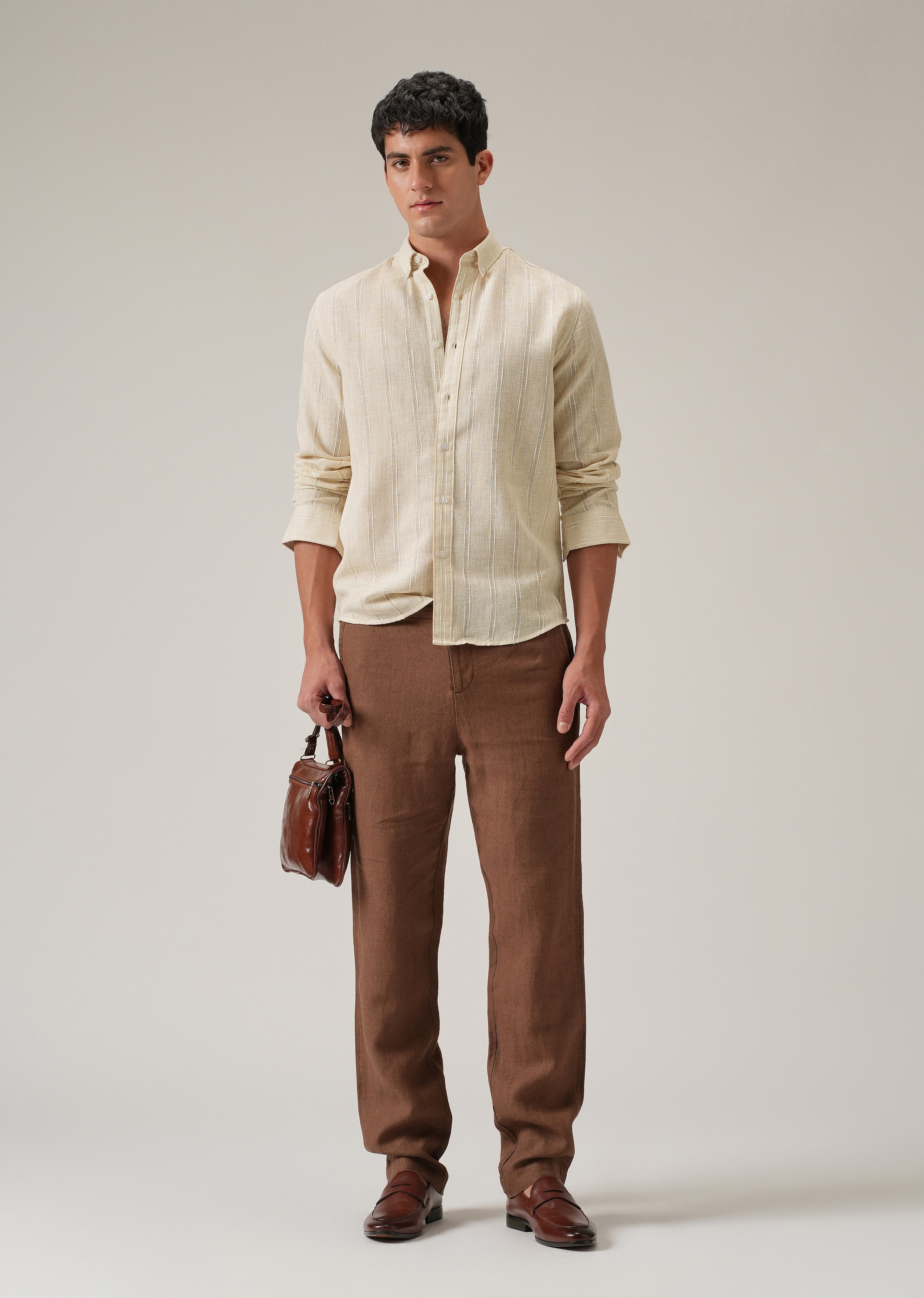 Beige Stripe Blended Linen Shirt