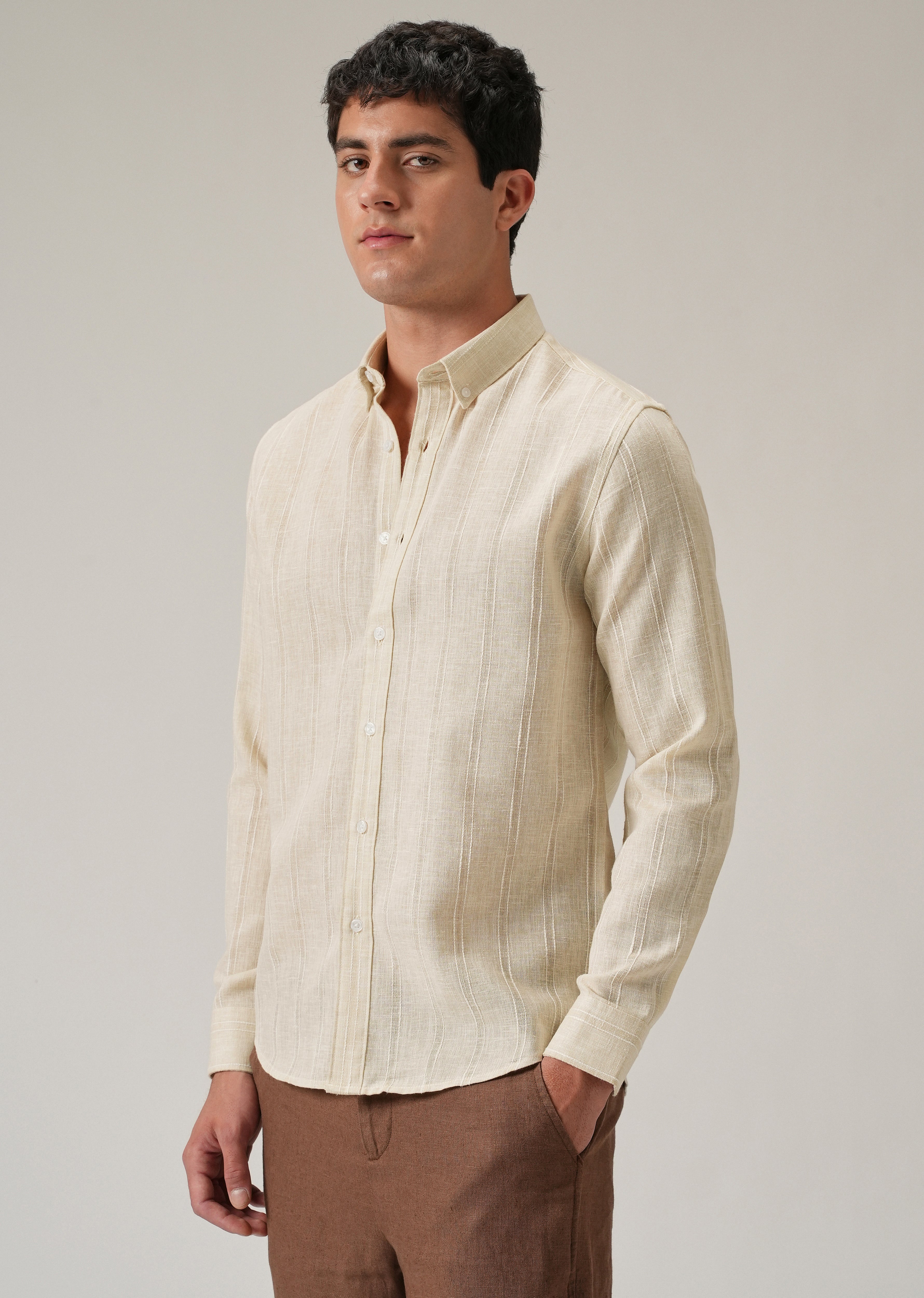 Beige Stripe Blended Linen Shirt