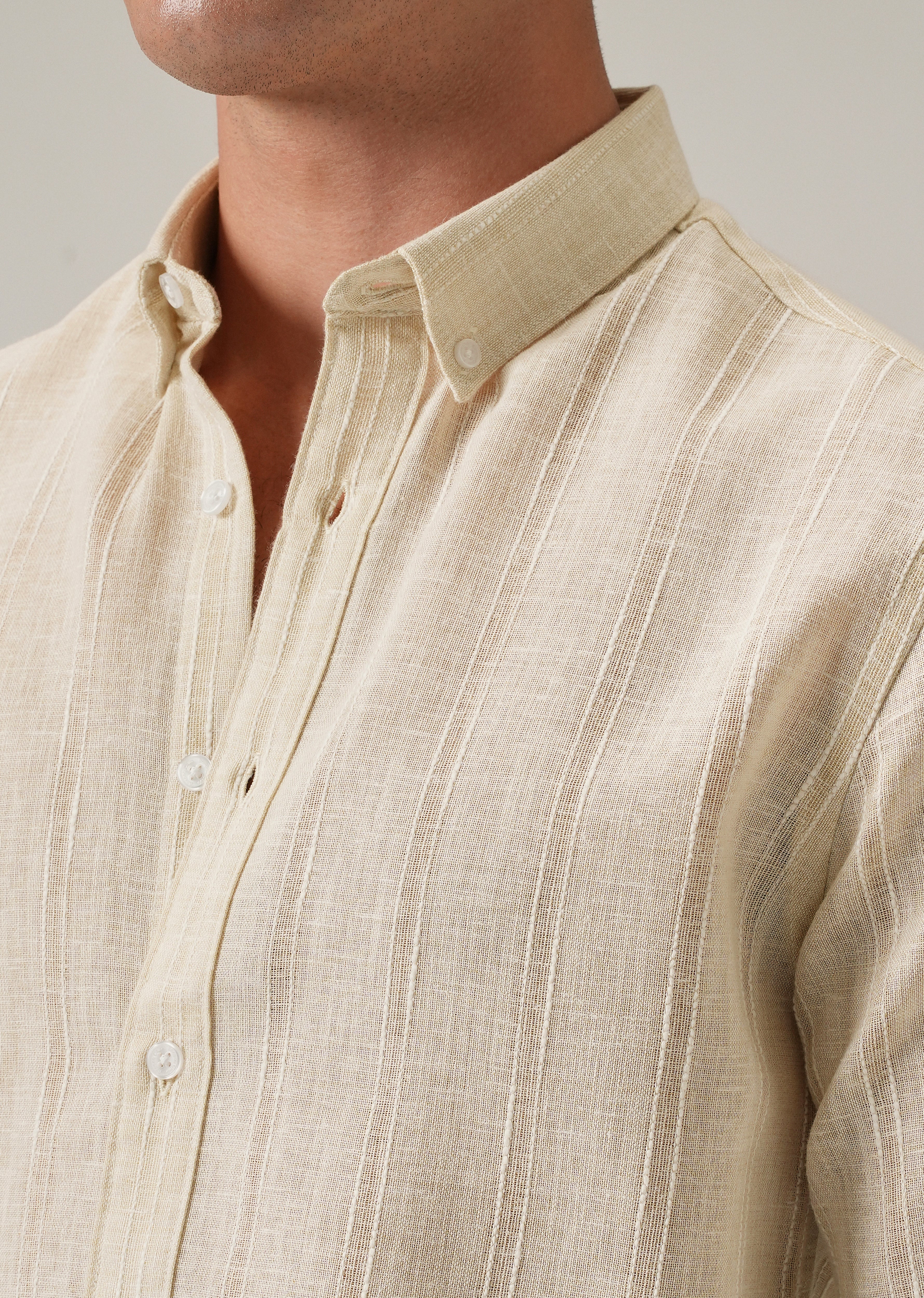 Beige Stripe Blended Linen Shirt