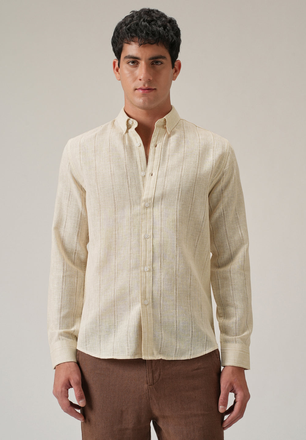 Beige Stripe Blended Linen Shirt
