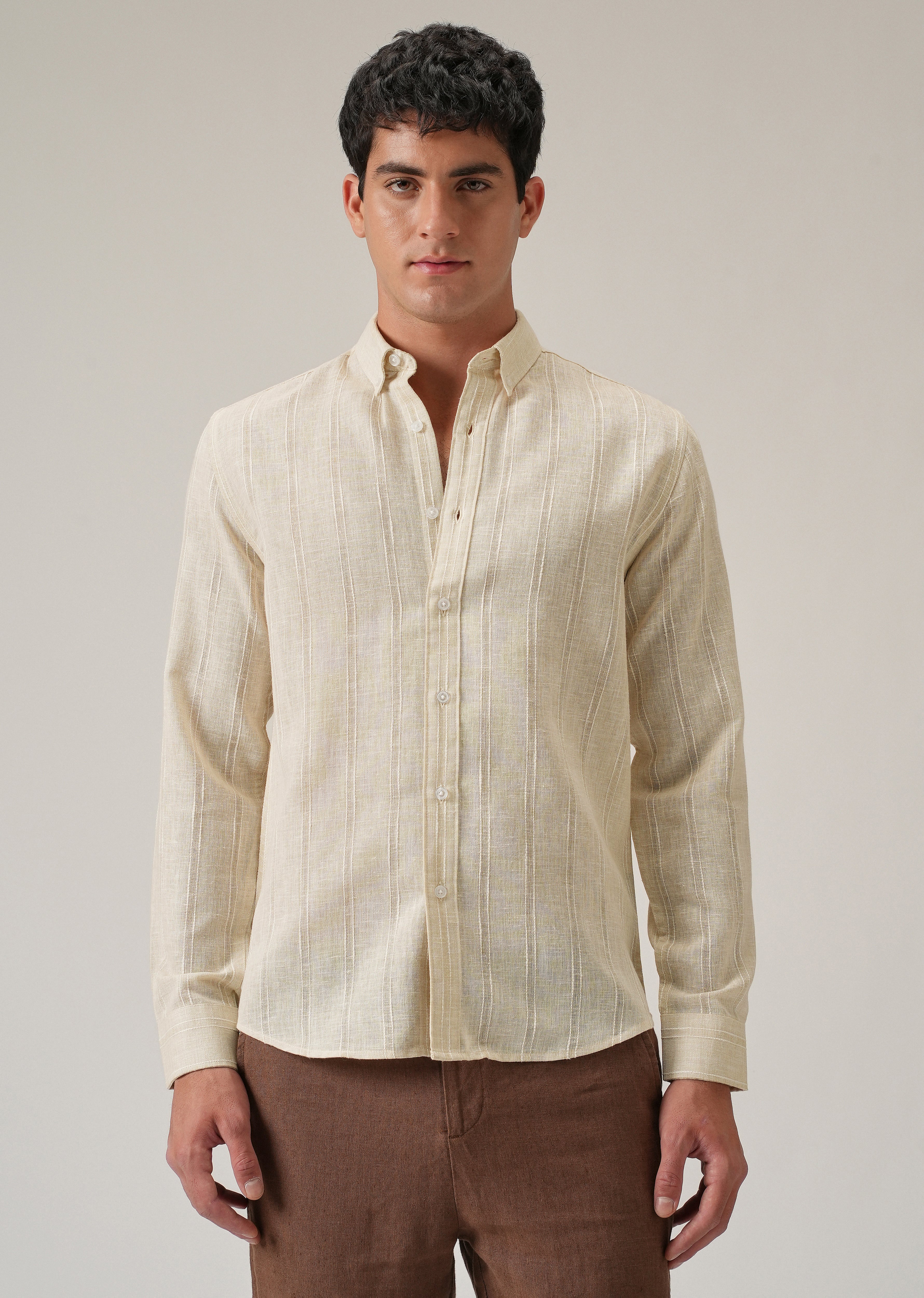 Beige Stripe Blended Linen Shirt