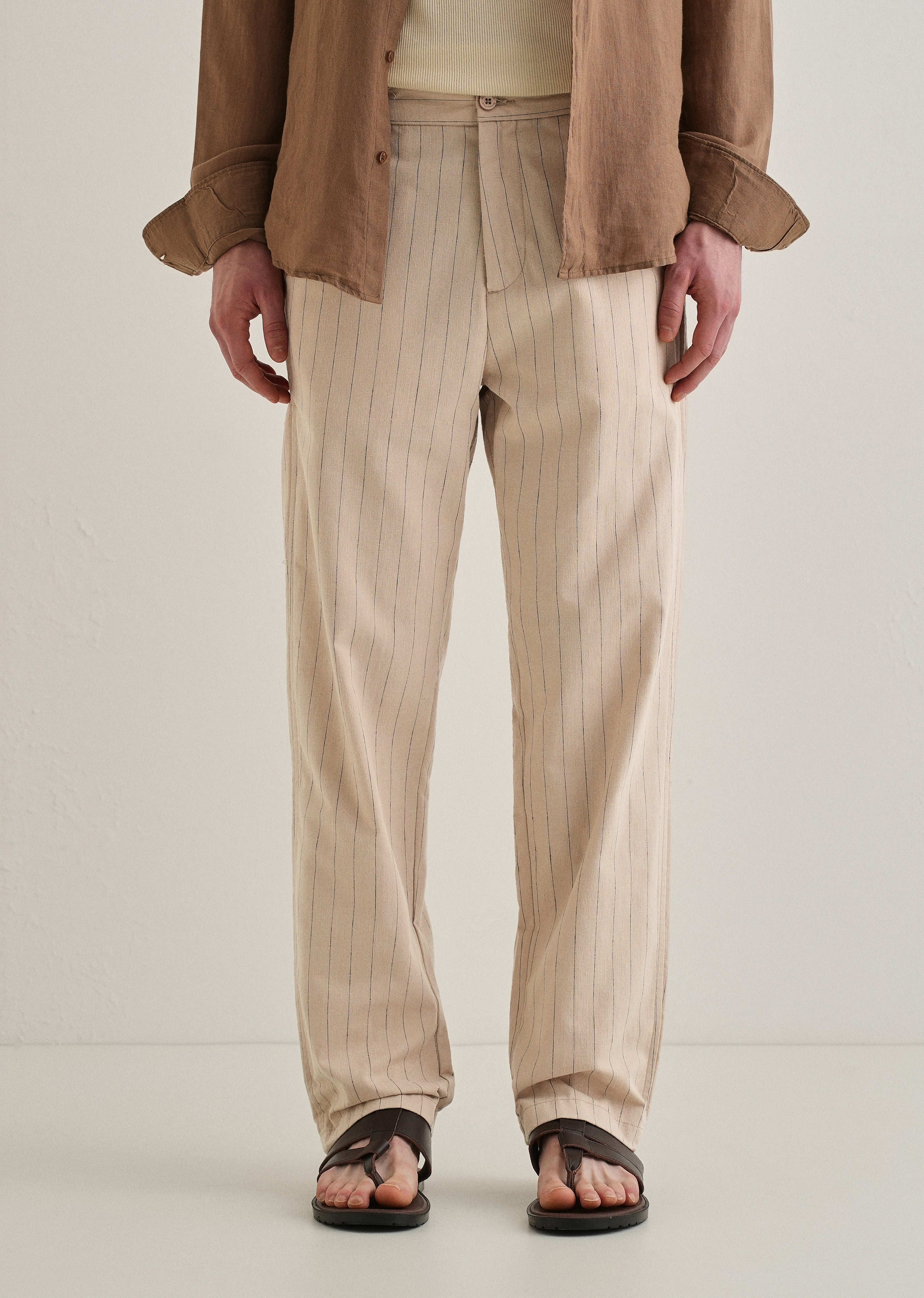 Beige Stripe Relaxed Linen Trouser