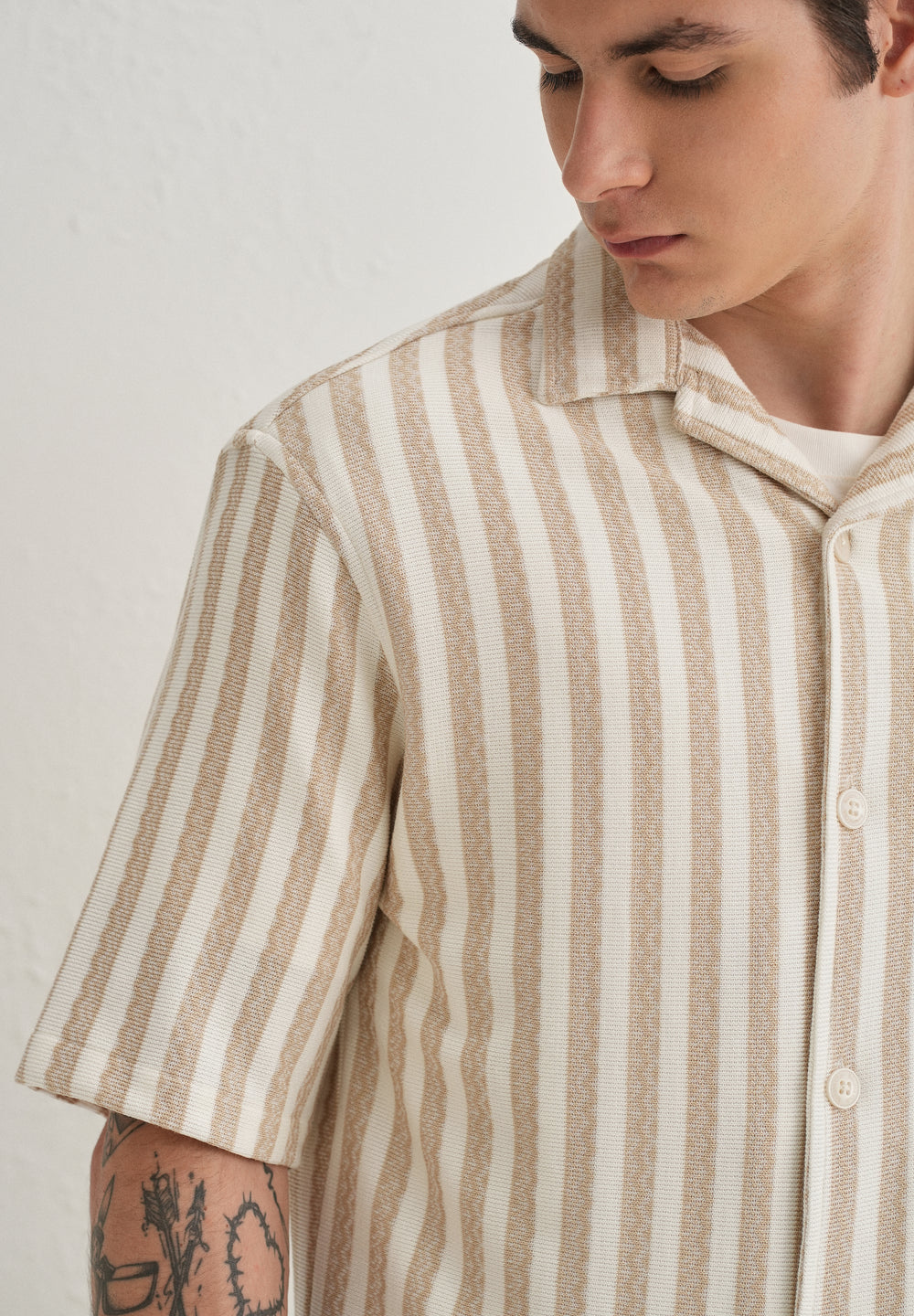 Beige Striped Knit Cuban Collar Shirt