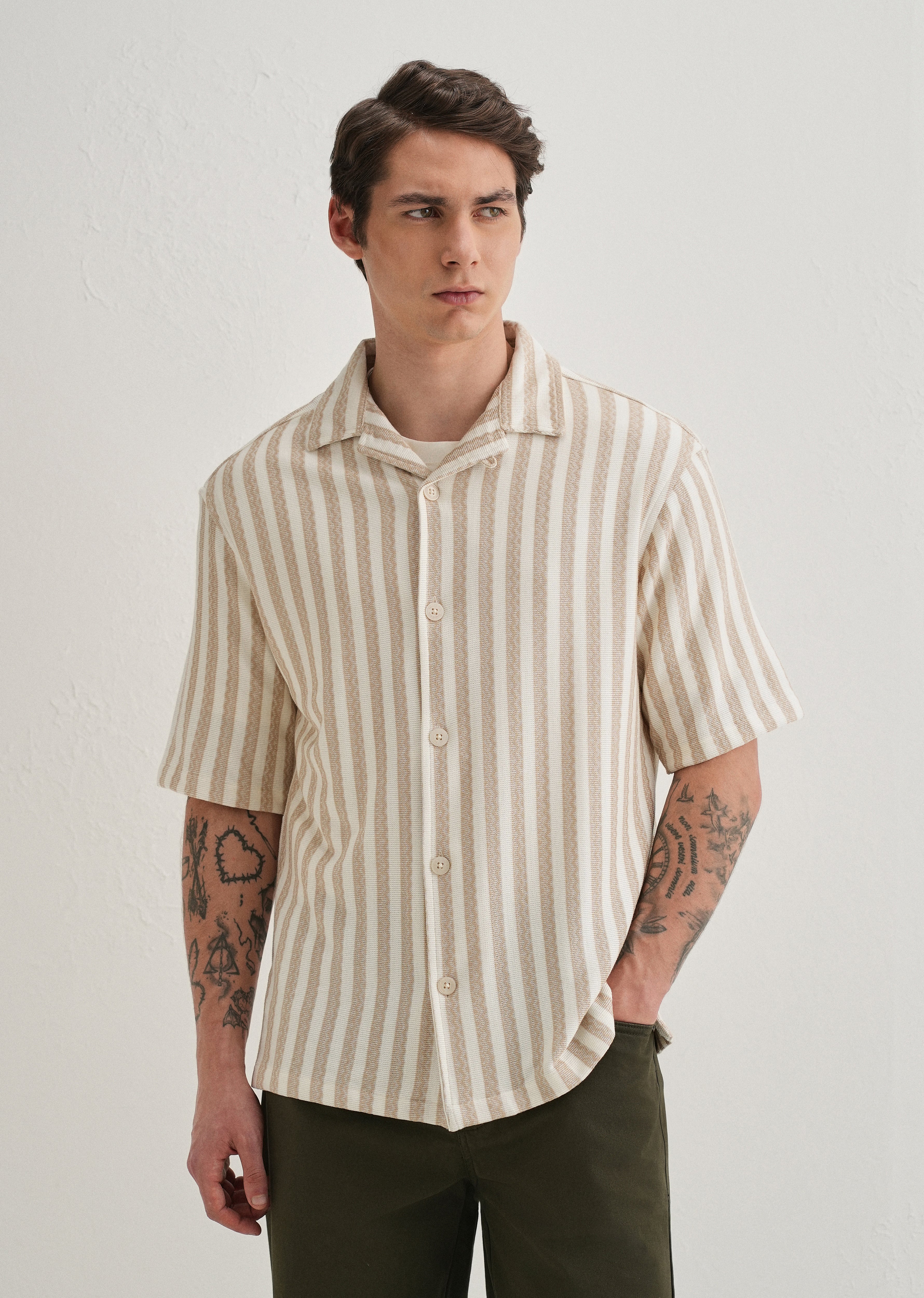 Beige Striped Knit Cuban Collar Shirt