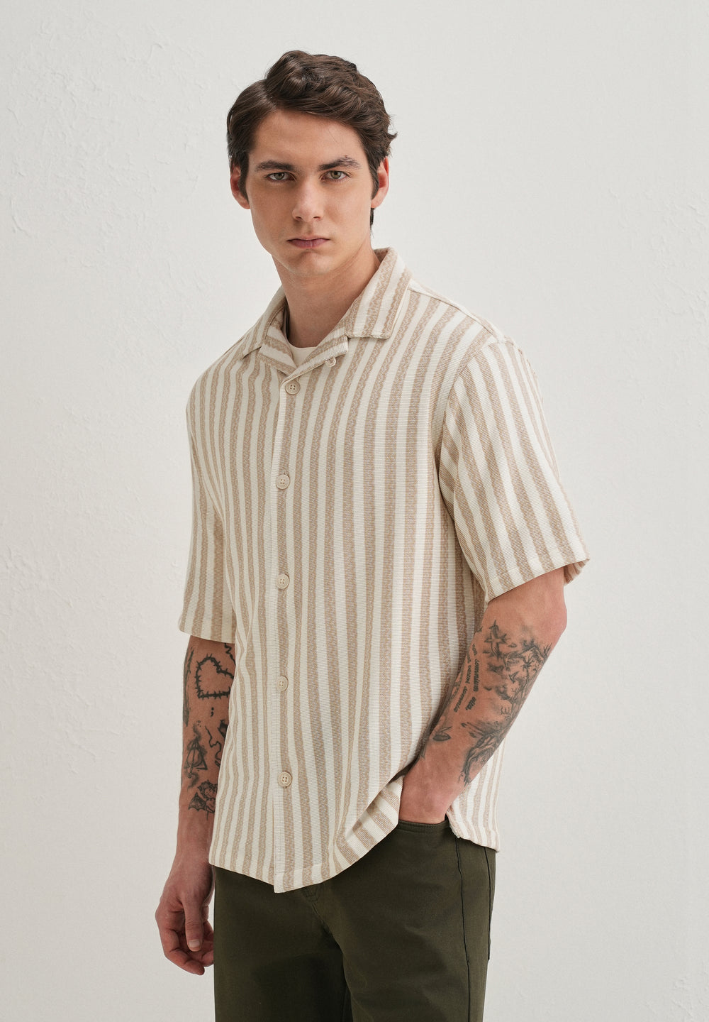 Beige Striped Knit Cuban Collar Shirt