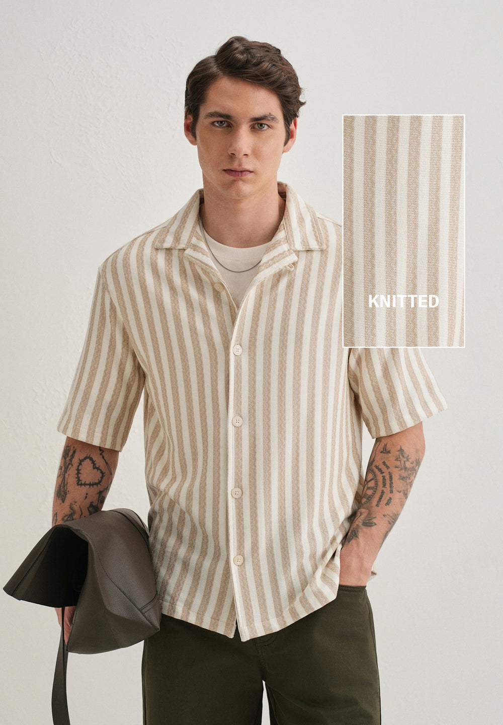Beige Striped Knit Cuban Collar Shirt