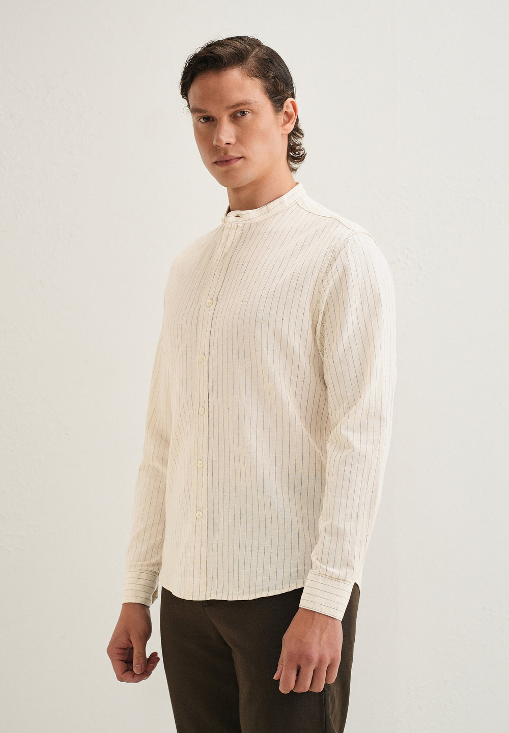 Beige Striped Mandarin Collar Cotton Shirt