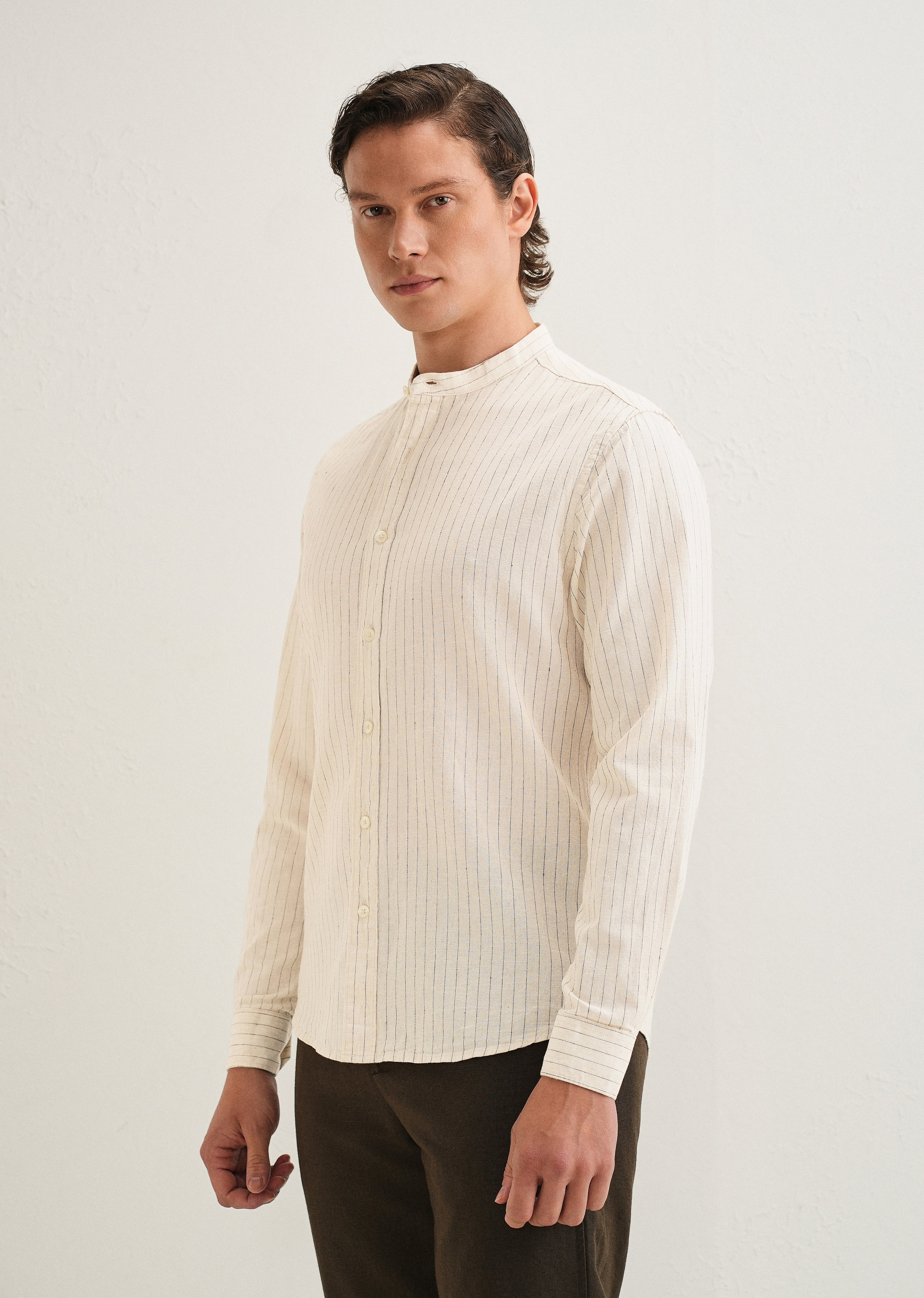 Beige Striped Mandarin Collar Cotton Shirt