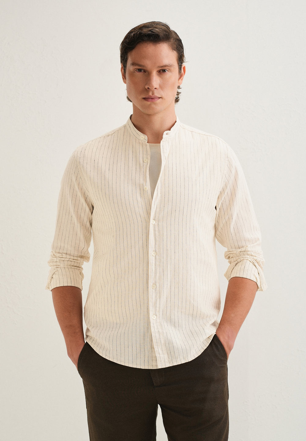 Beige Striped Mandarin Collar Cotton Shirt