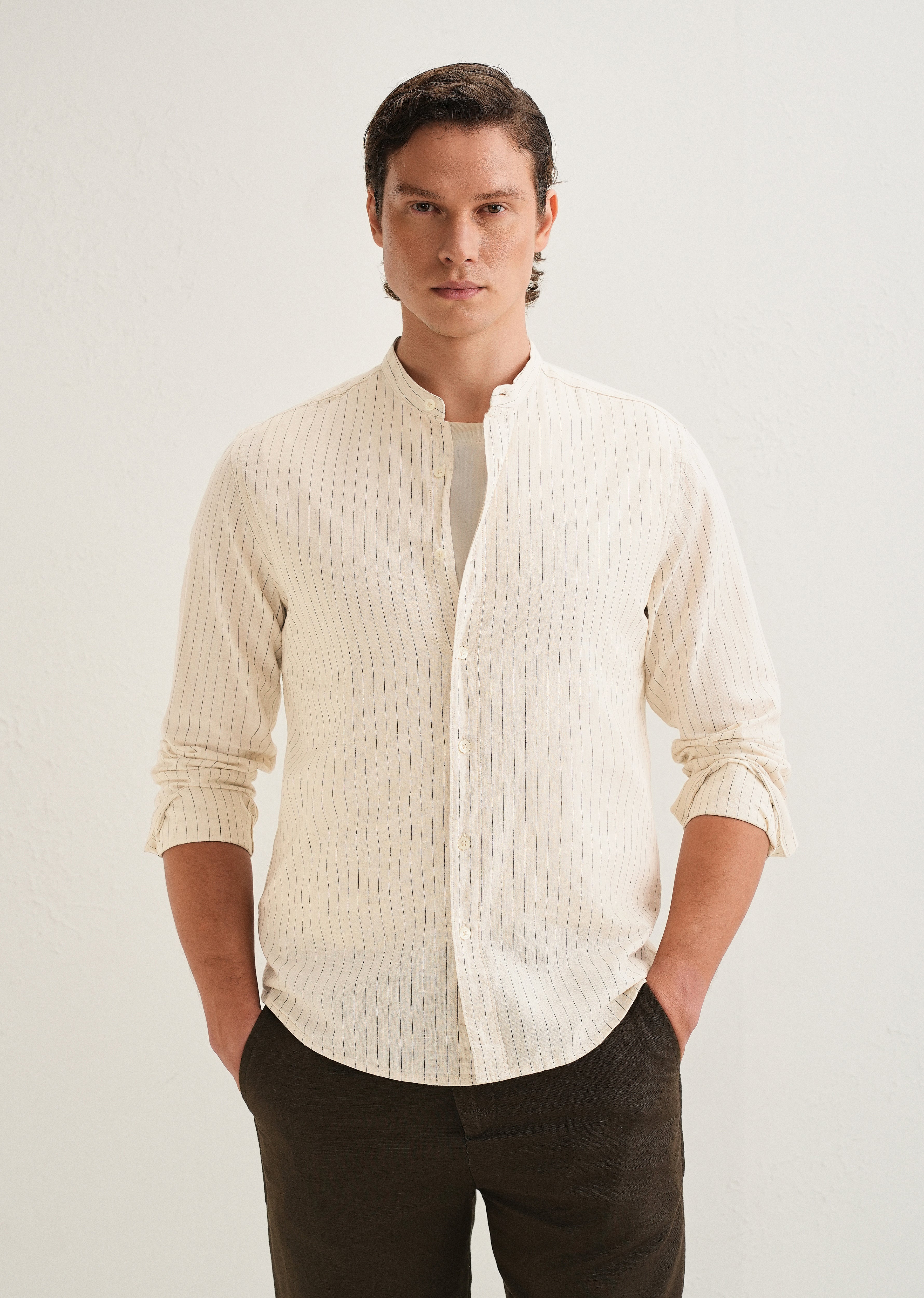 Beige Striped Mandarin Collar Cotton Shirt