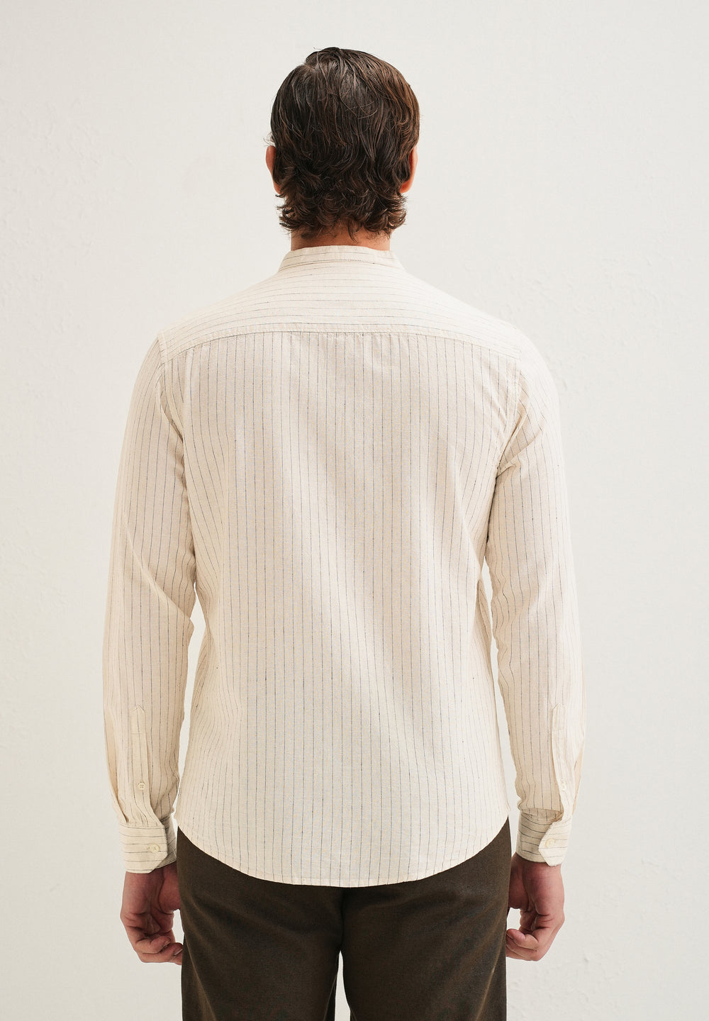 Beige Striped Mandarin Collar Cotton Shirt