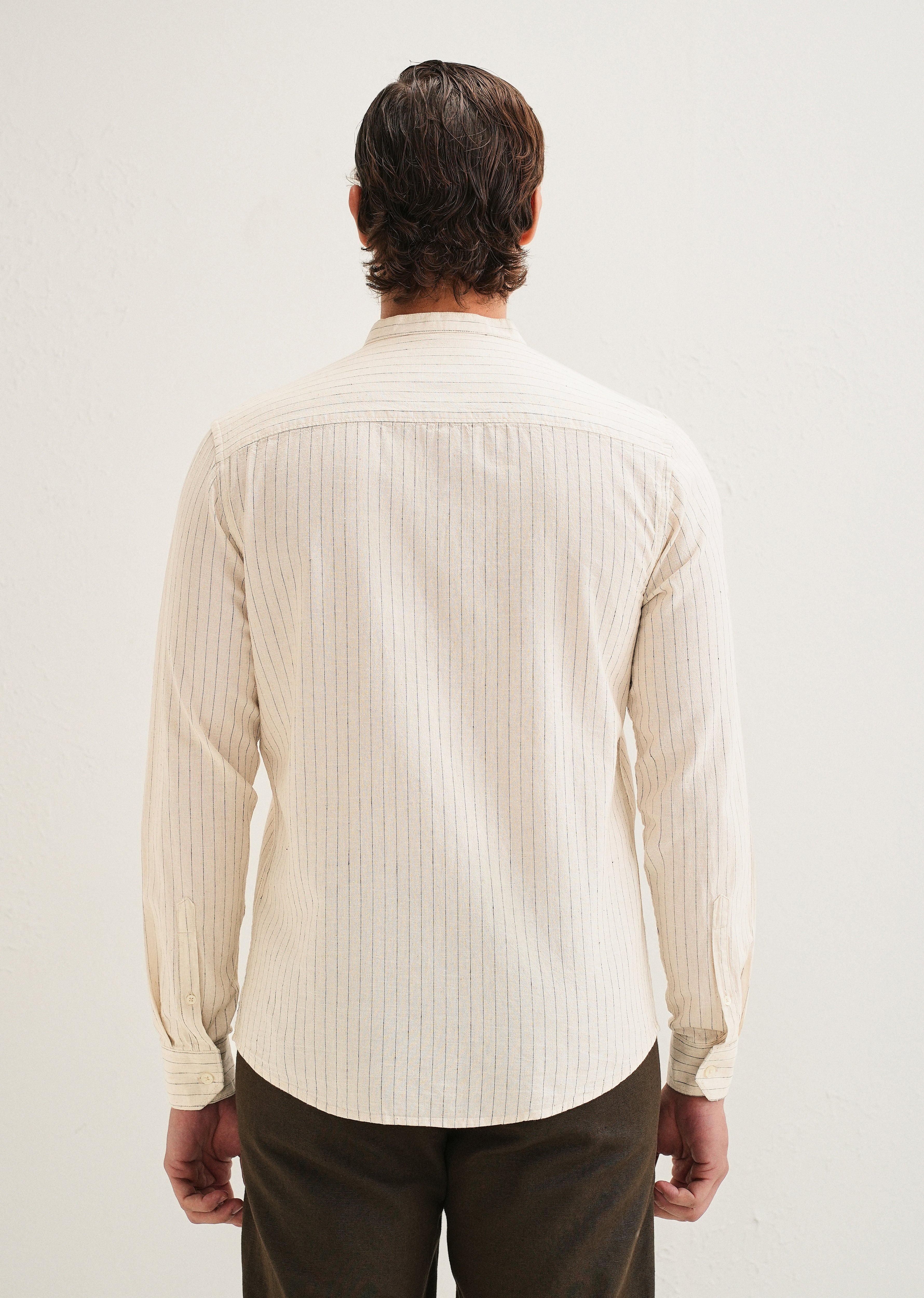 Beige Striped Mandarin Collar Cotton Shirt