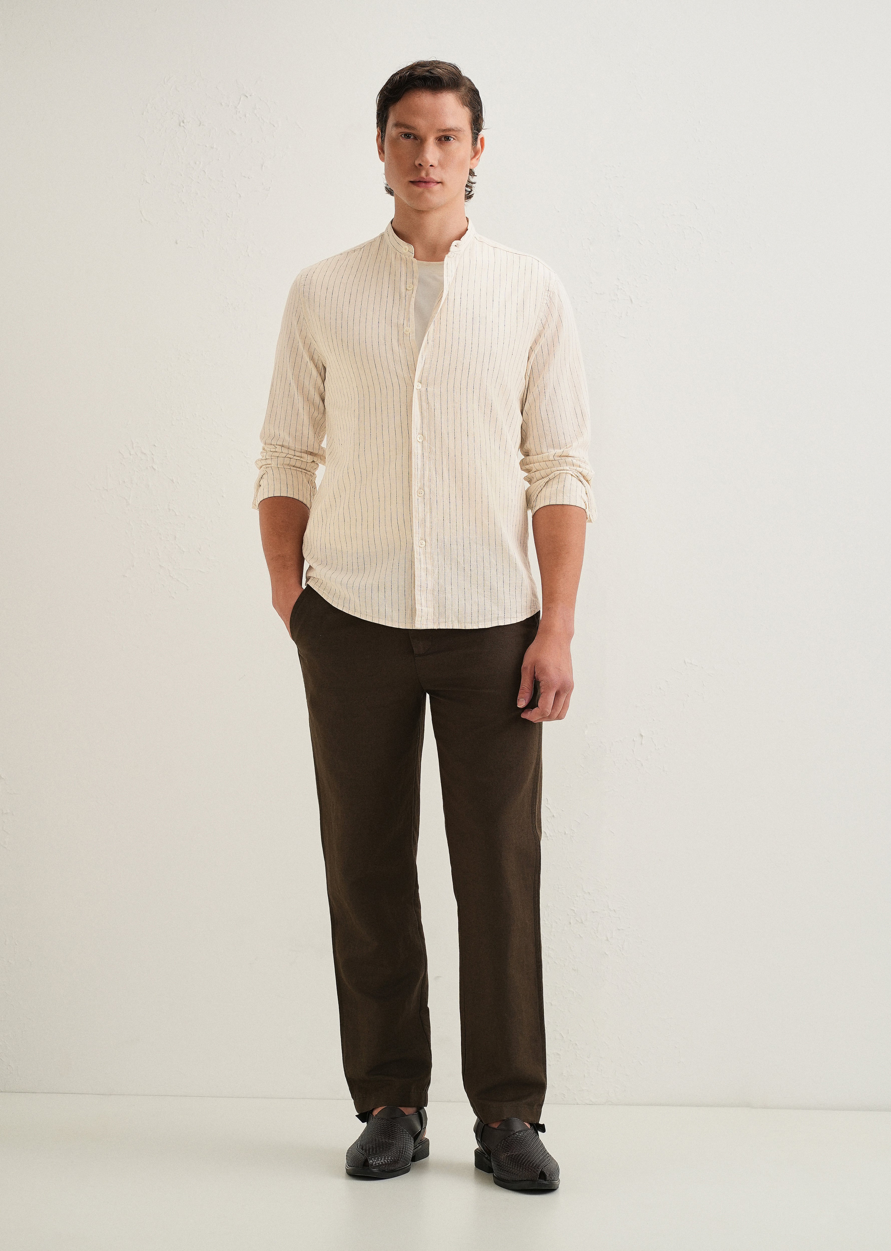 Beige Striped Mandarin Collar Cotton Shirt