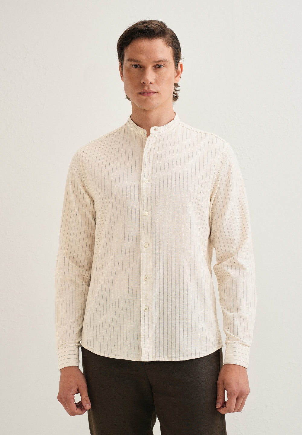 Beige Striped Mandarin Collar Cotton Shirt