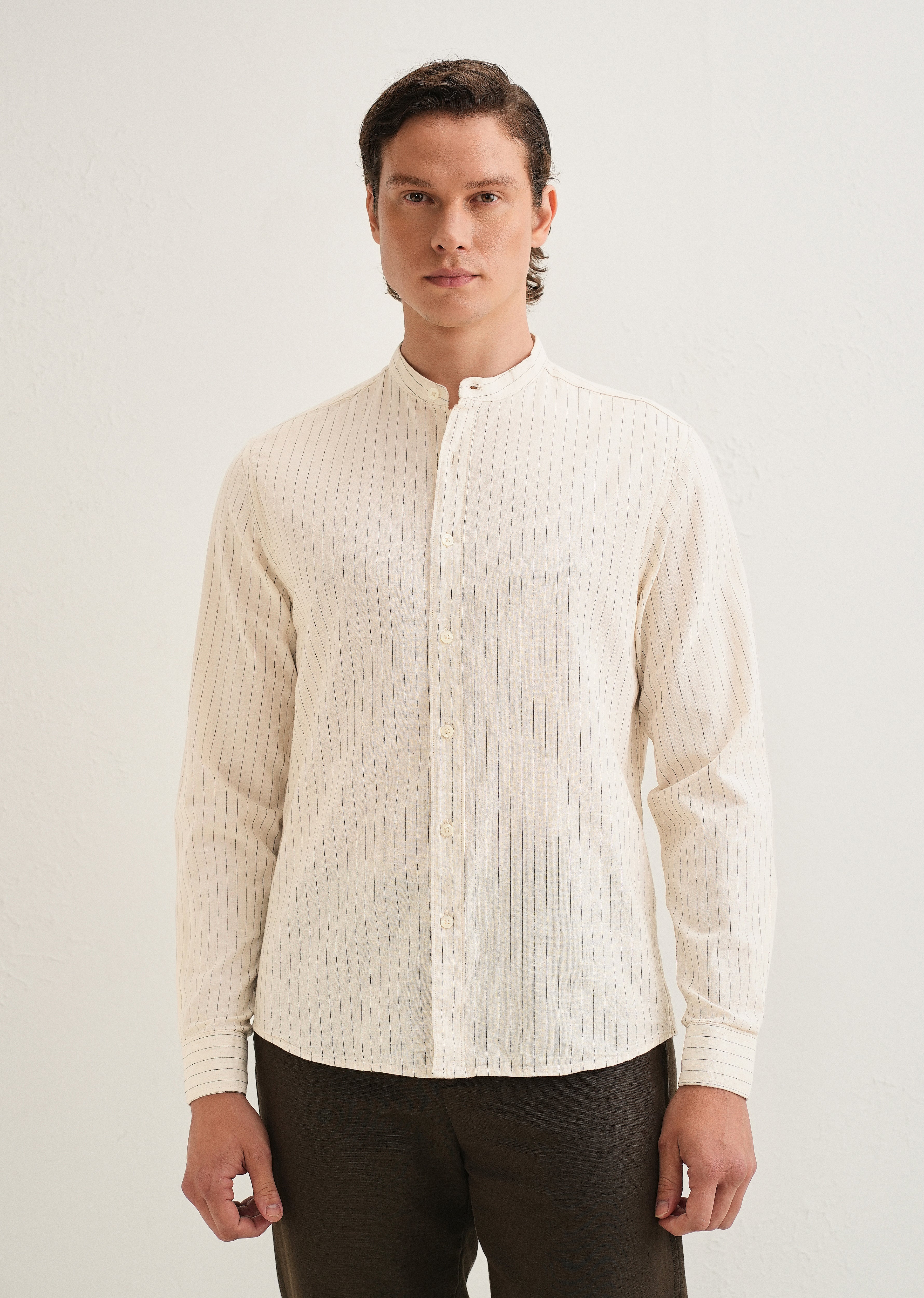 Beige Striped Mandarin Collar Cotton Shirt