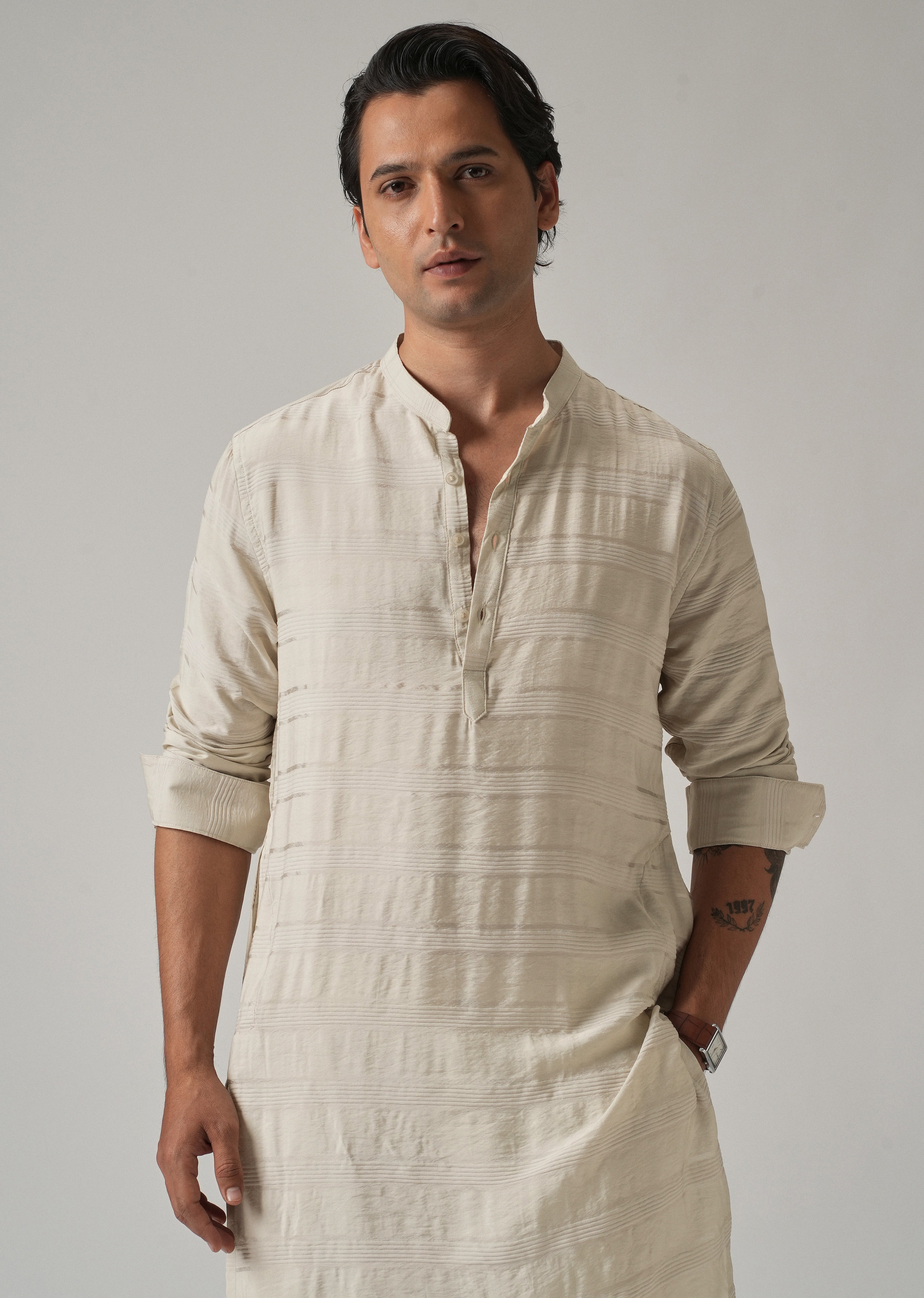 Beige Nylon Subtle Stripe Kurta