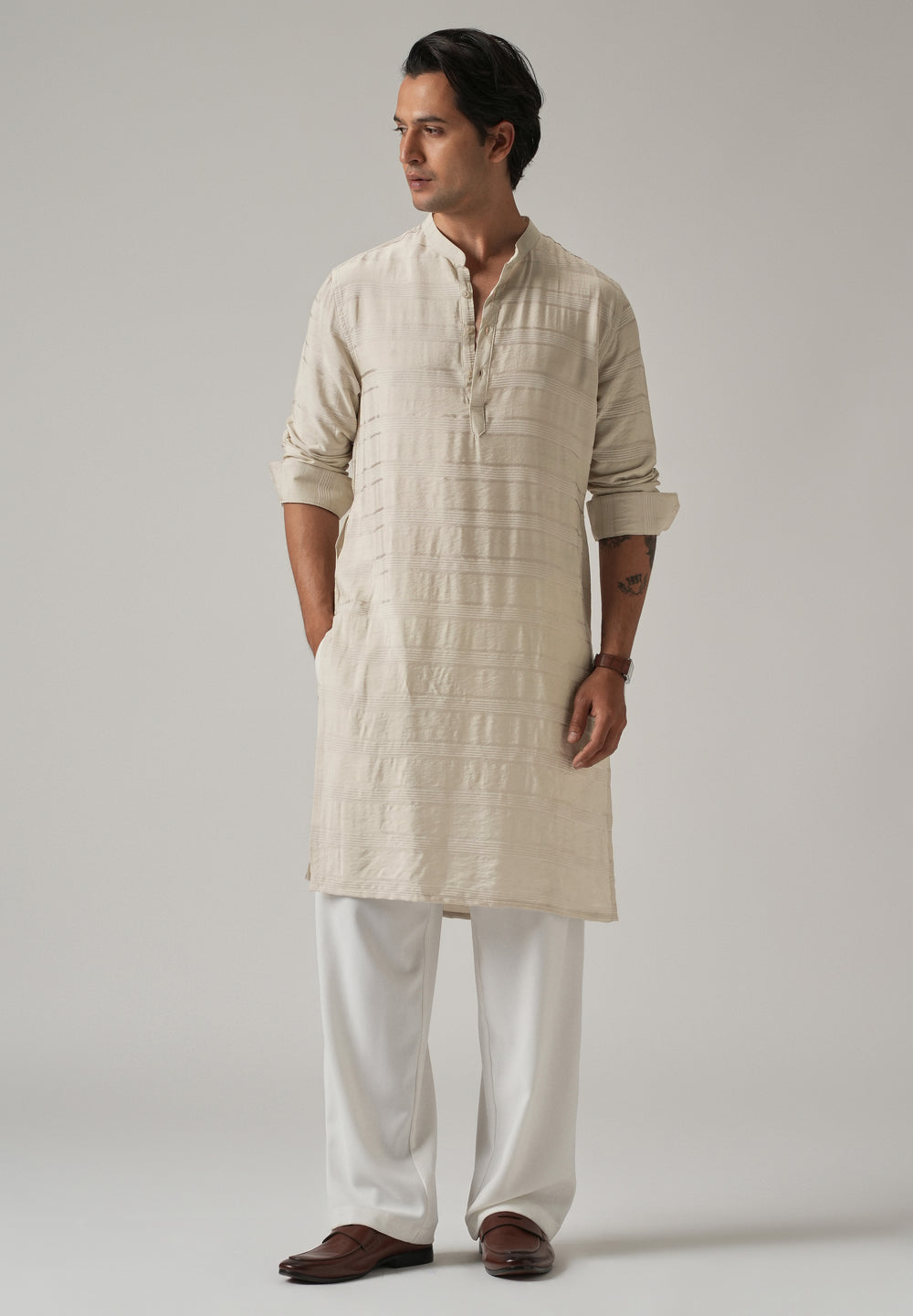 Beige Nylon Subtle Stripe Kurta