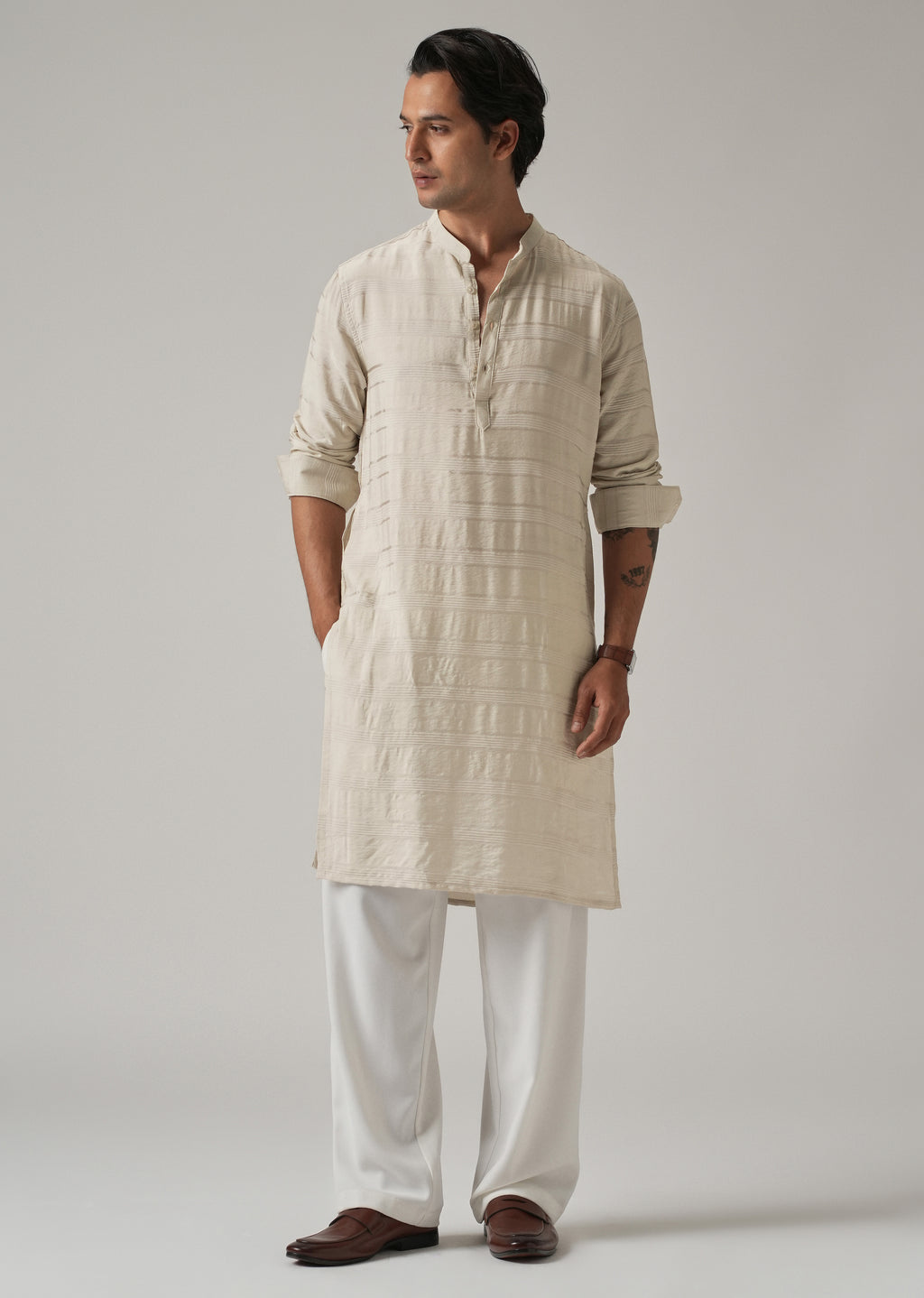 Beige Nylon Subtle Stripe Kurta