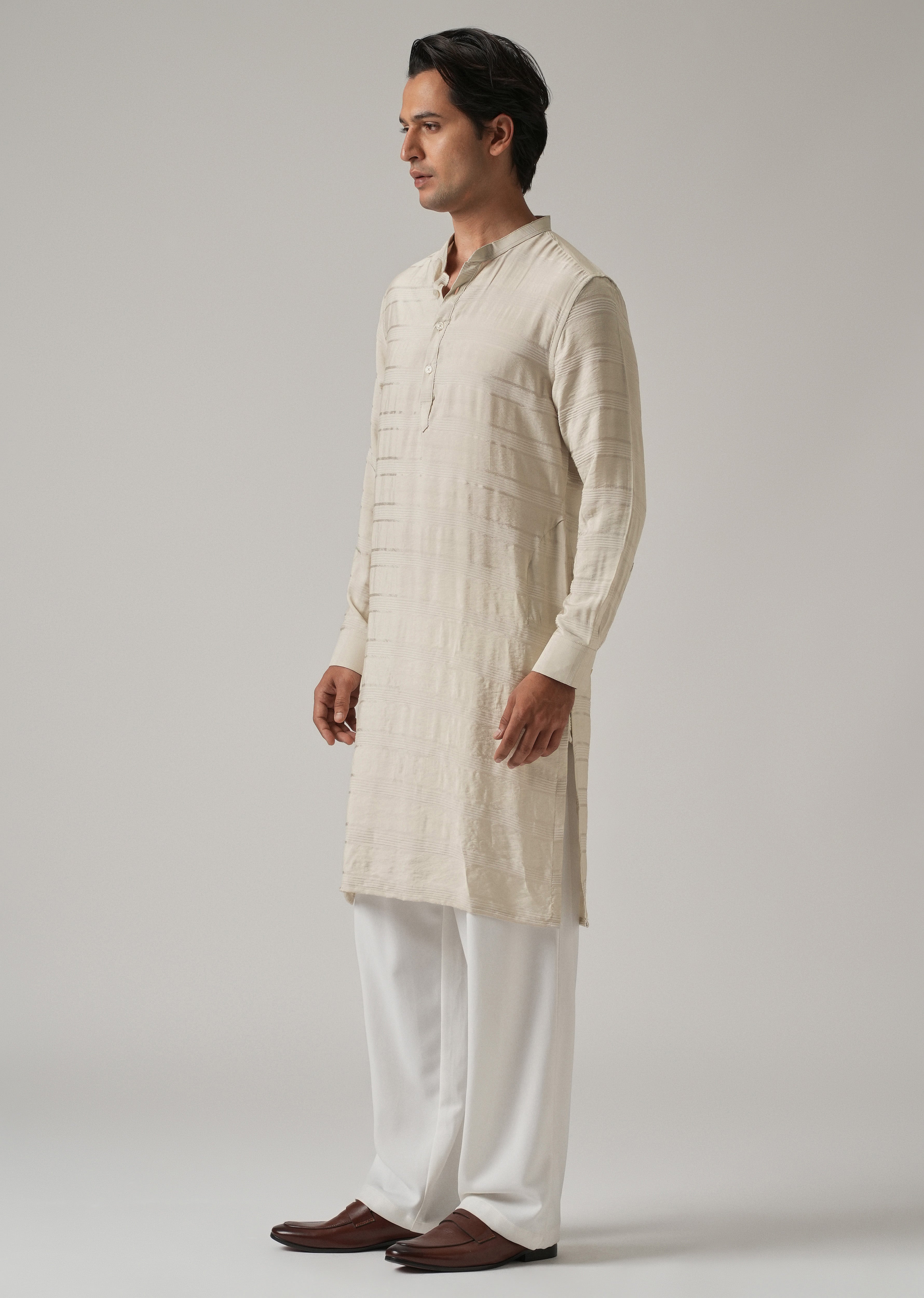 Beige Nylon Subtle Stripe Kurta