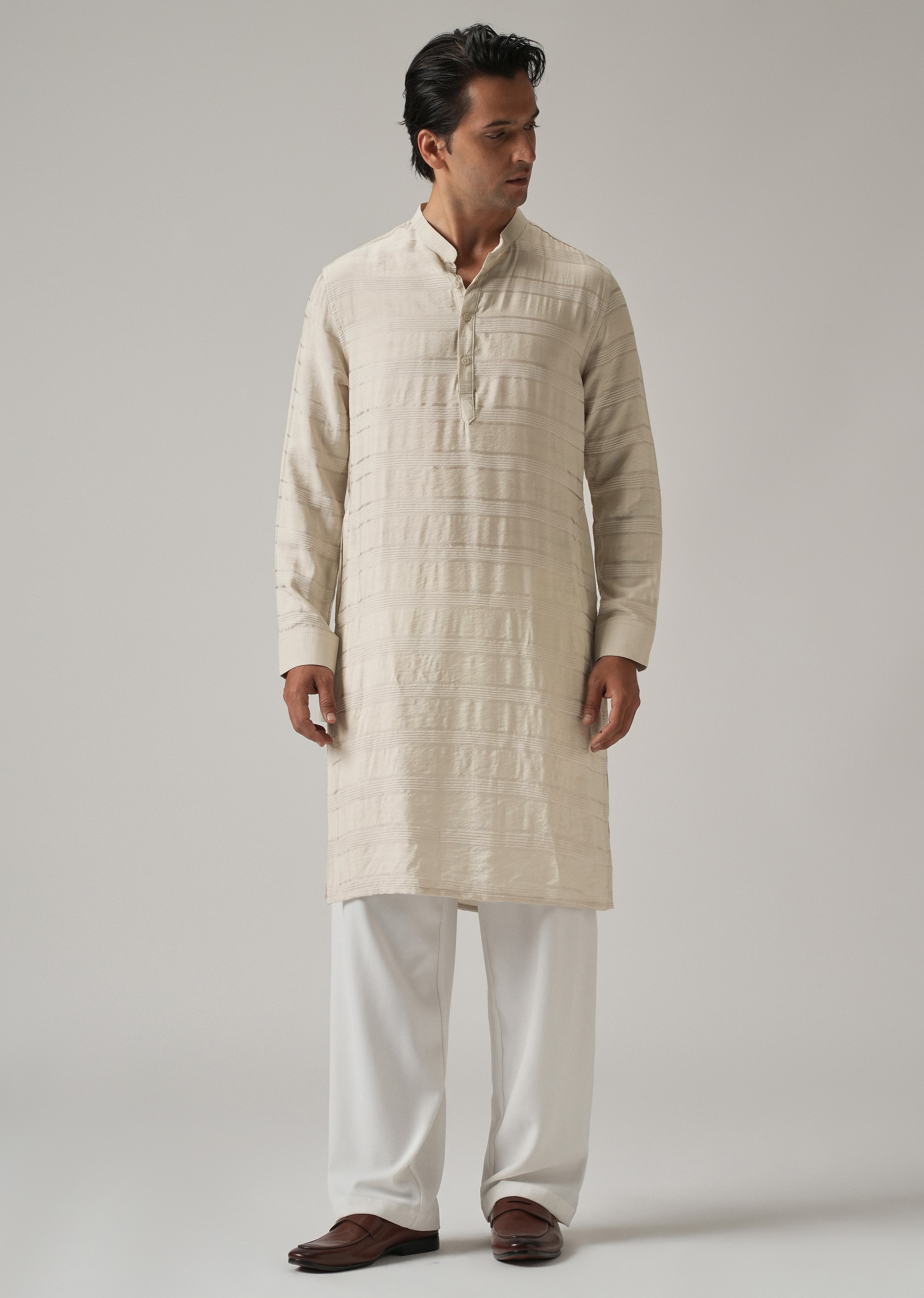 Beige Nylon Subtle Stripe Kurta