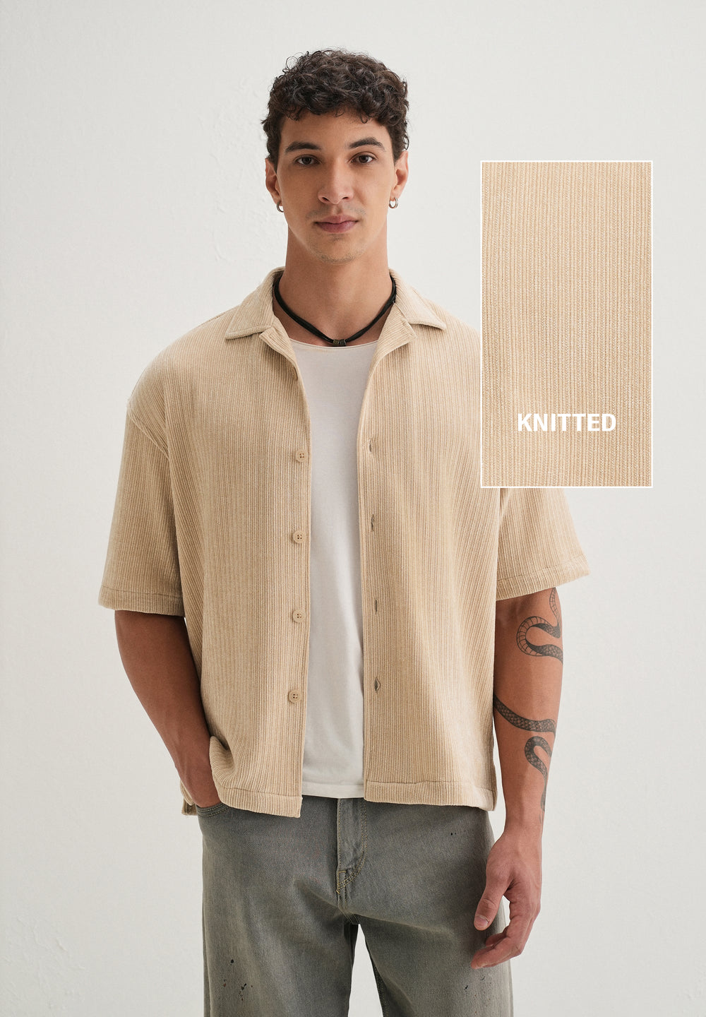 Beige Suede Knit Half Sleeve Shirt