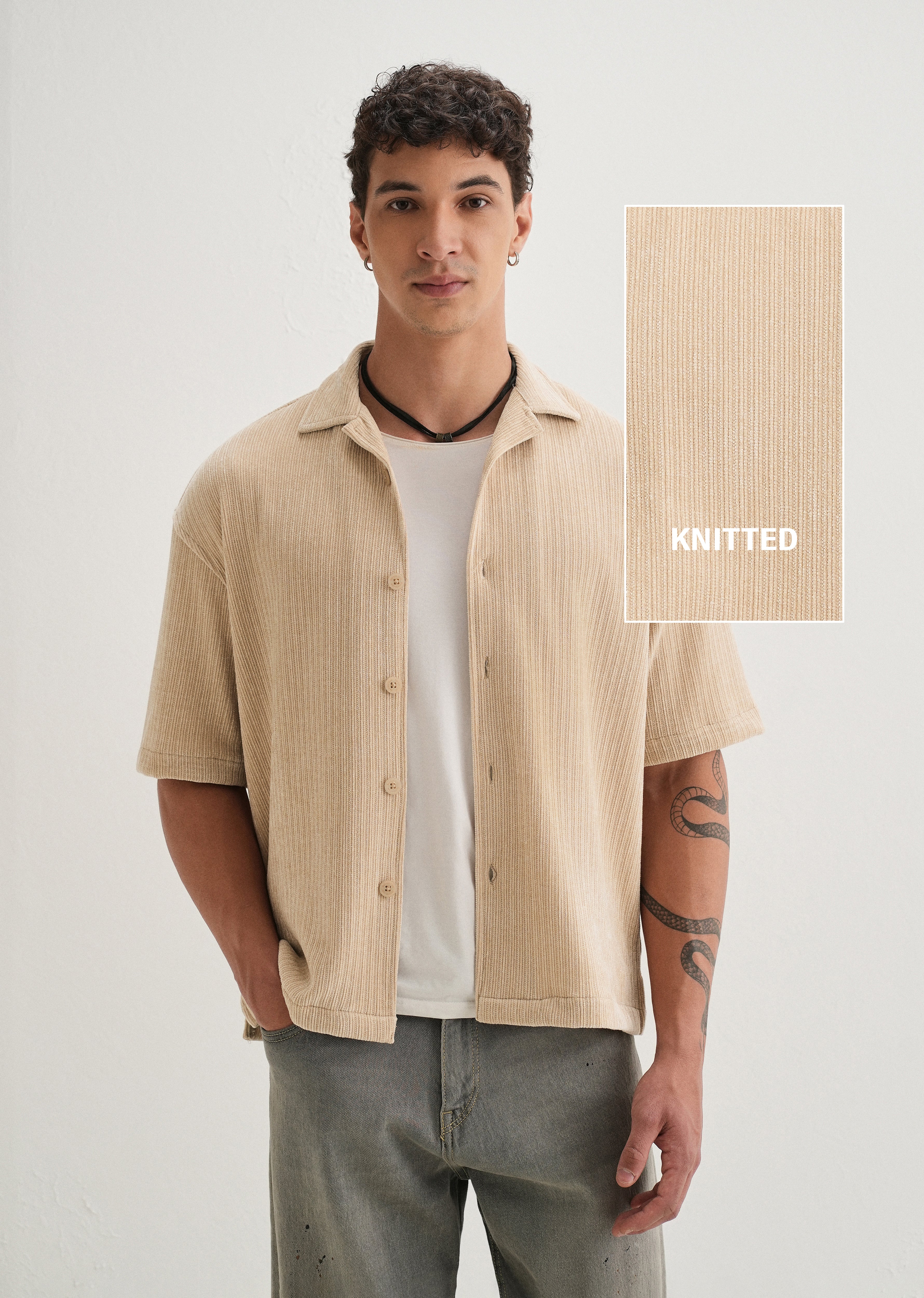 Beige Suede Knit Half Sleeve Shirt
