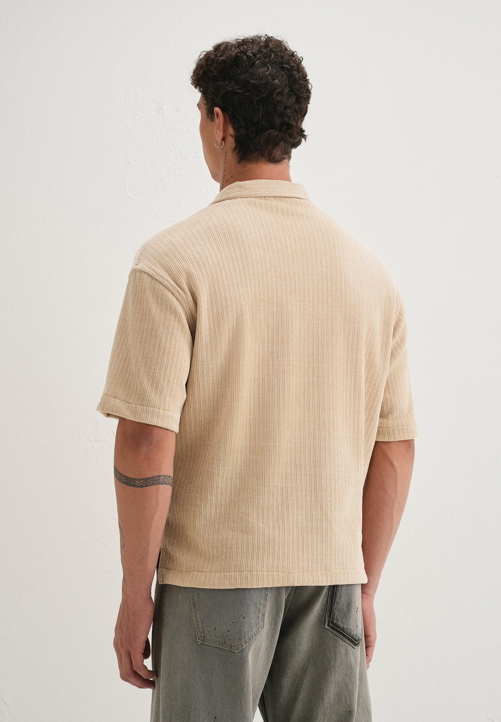 Beige Suede Knit Half Sleeve Shirt