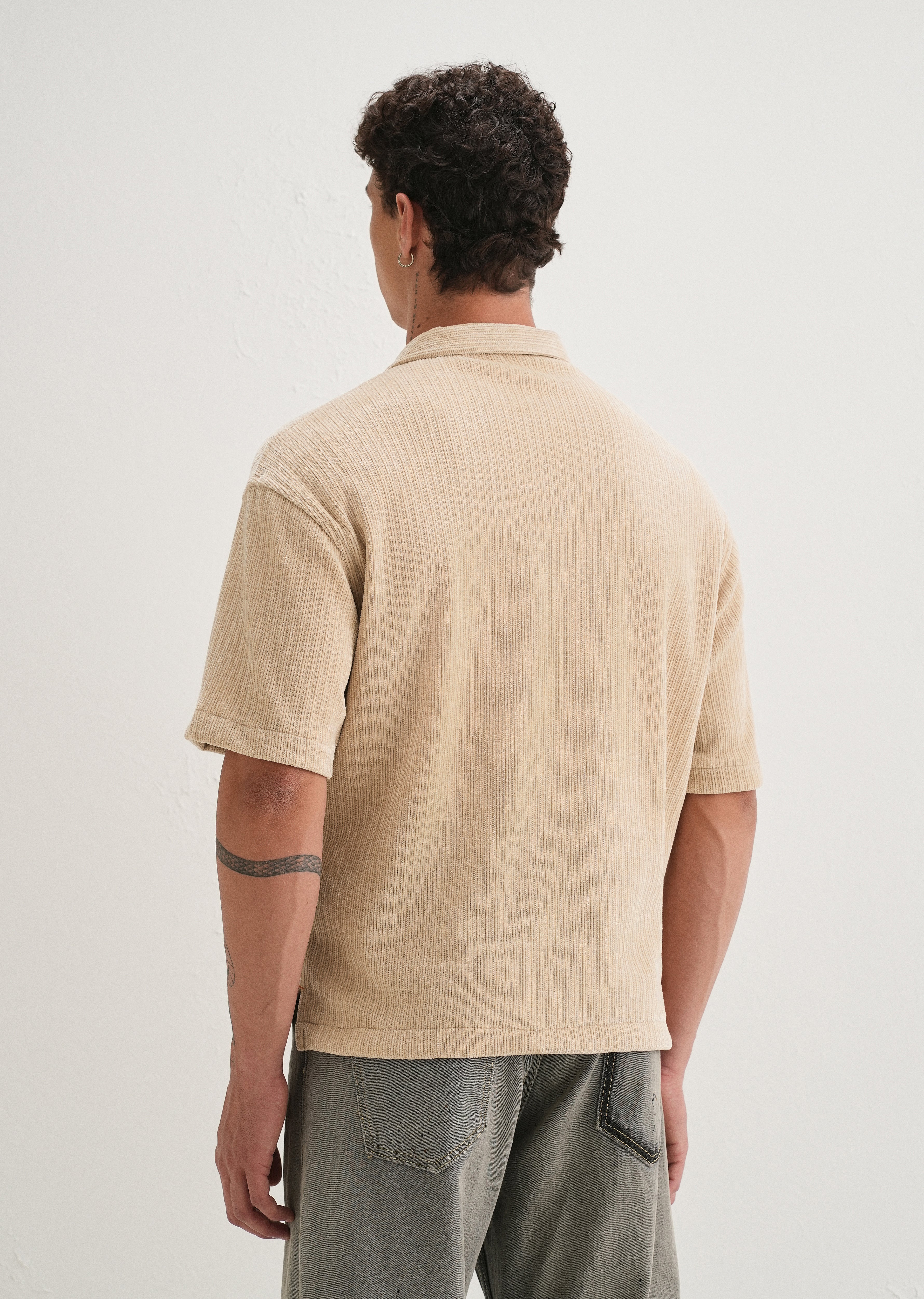 Beige Suede Knit Half Sleeve Shirt