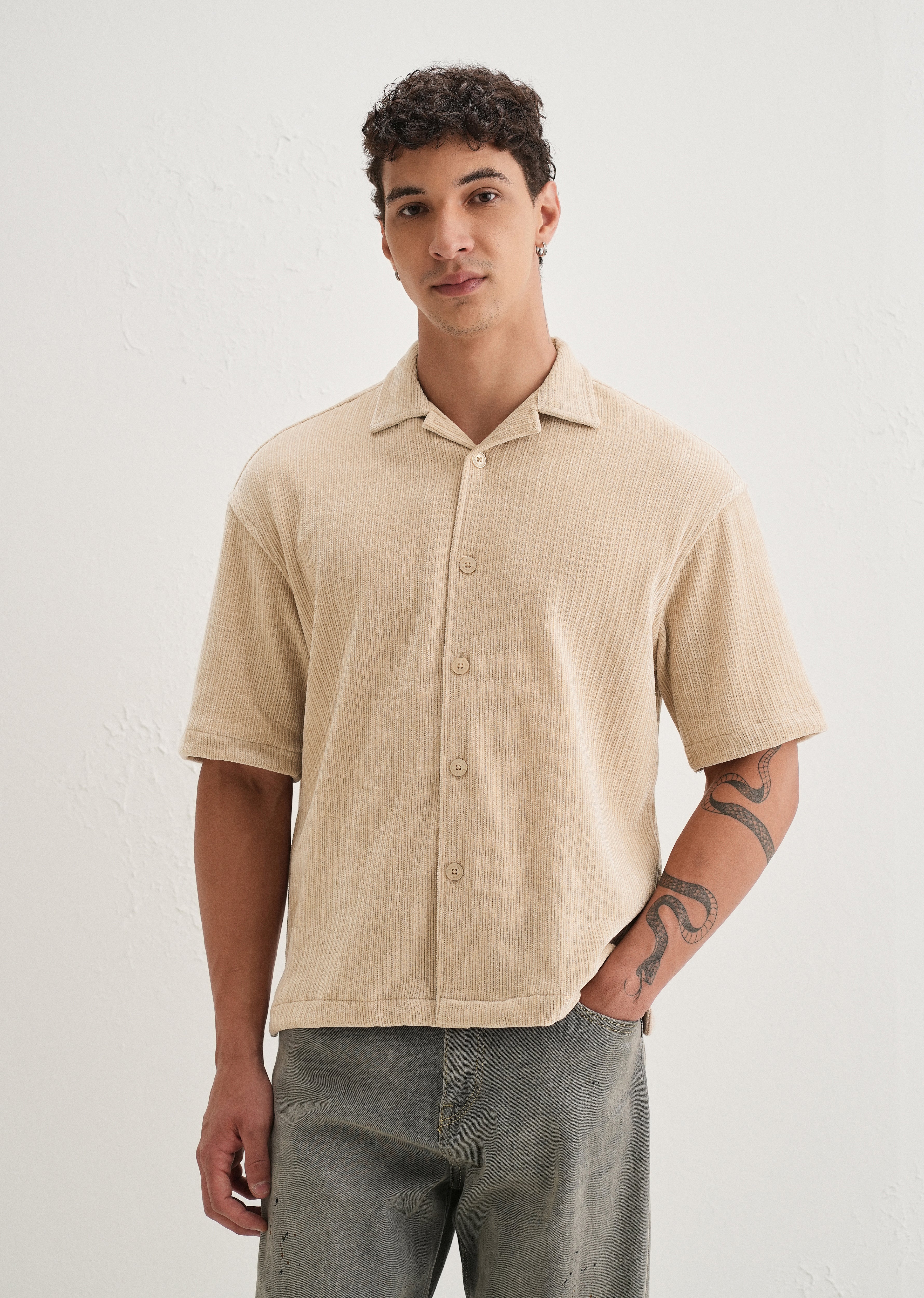 Beige Suede Knit Half Sleeve Shirt