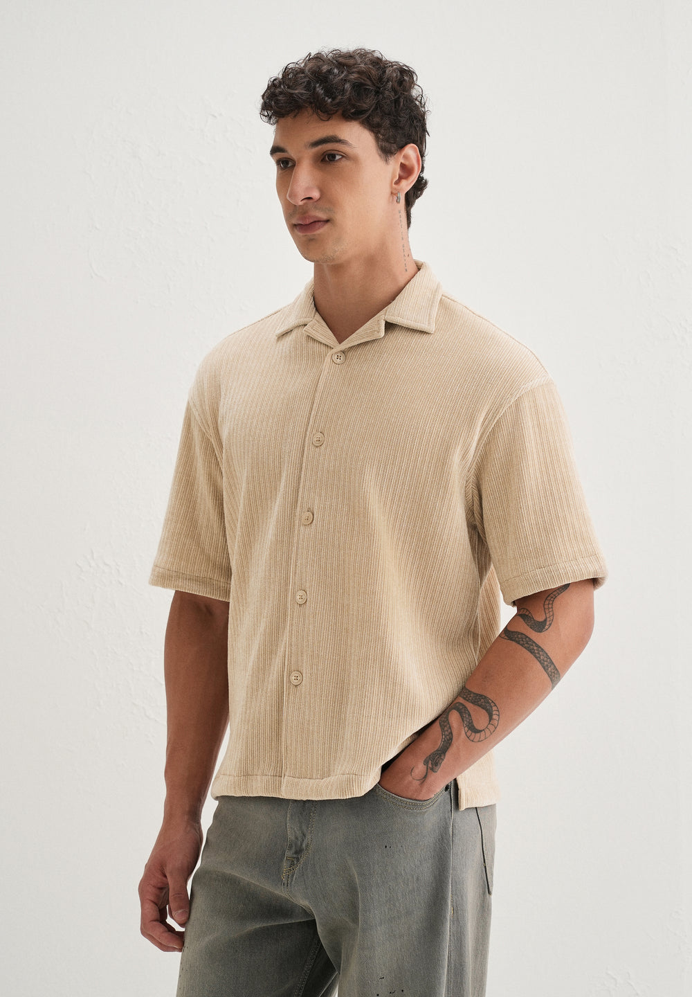 Beige Suede Knit Half Sleeve Shirt