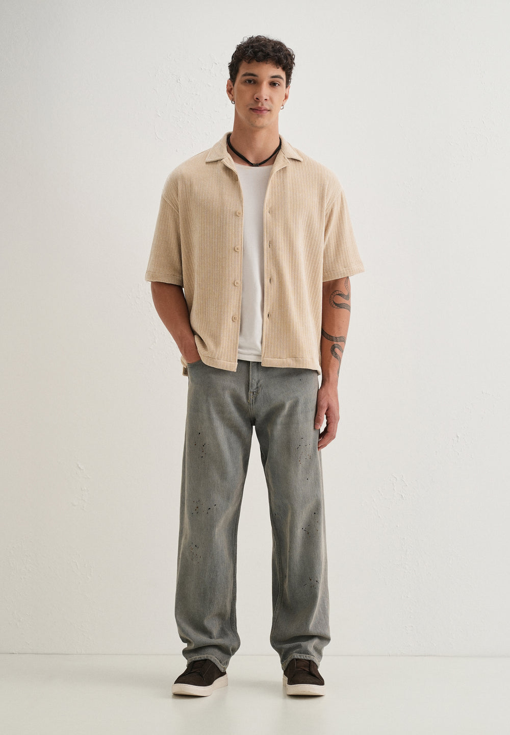 Beige Suede Knit Half Sleeve Shirt