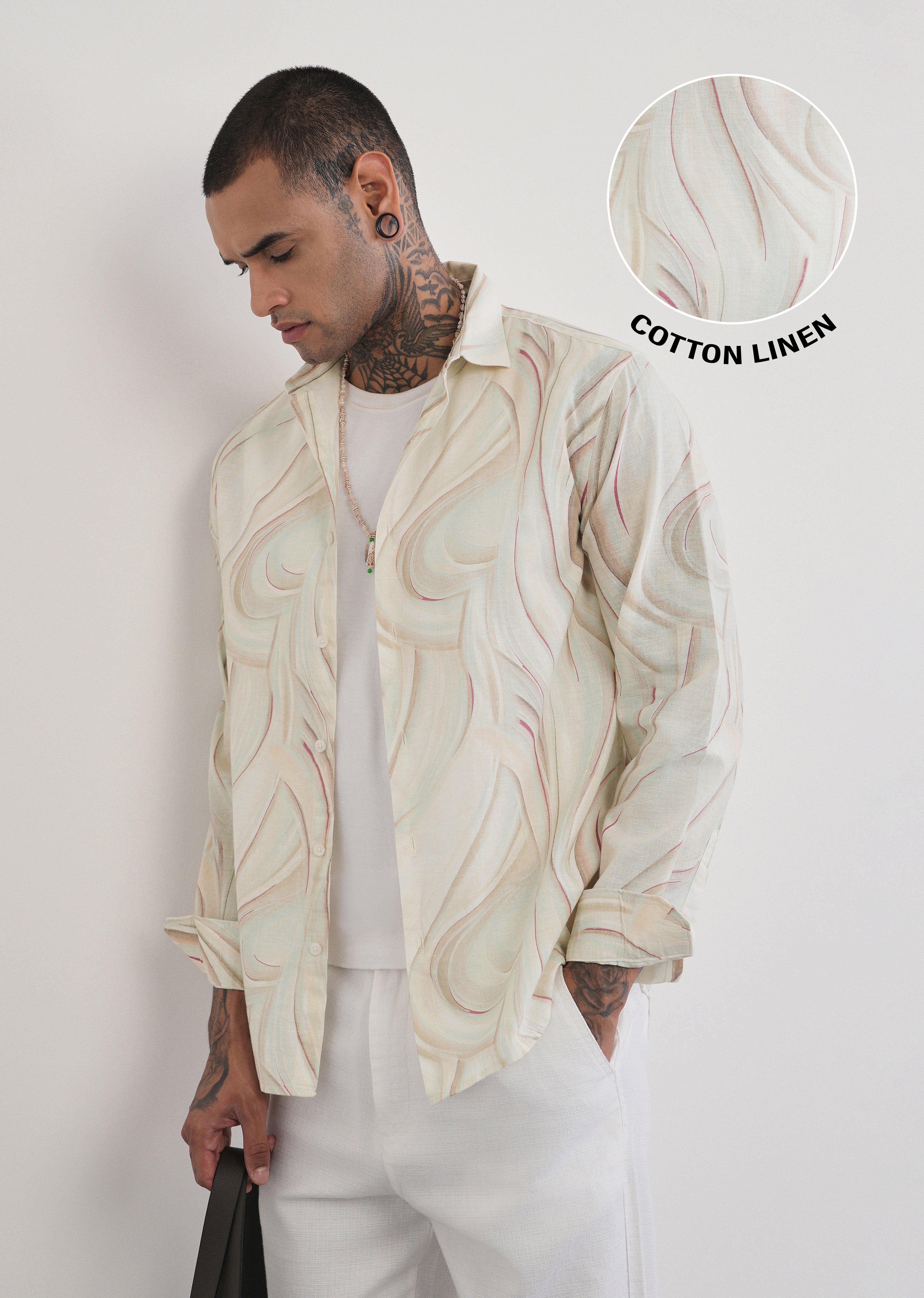 Beige Swirl Print Cotton Linen Shirt