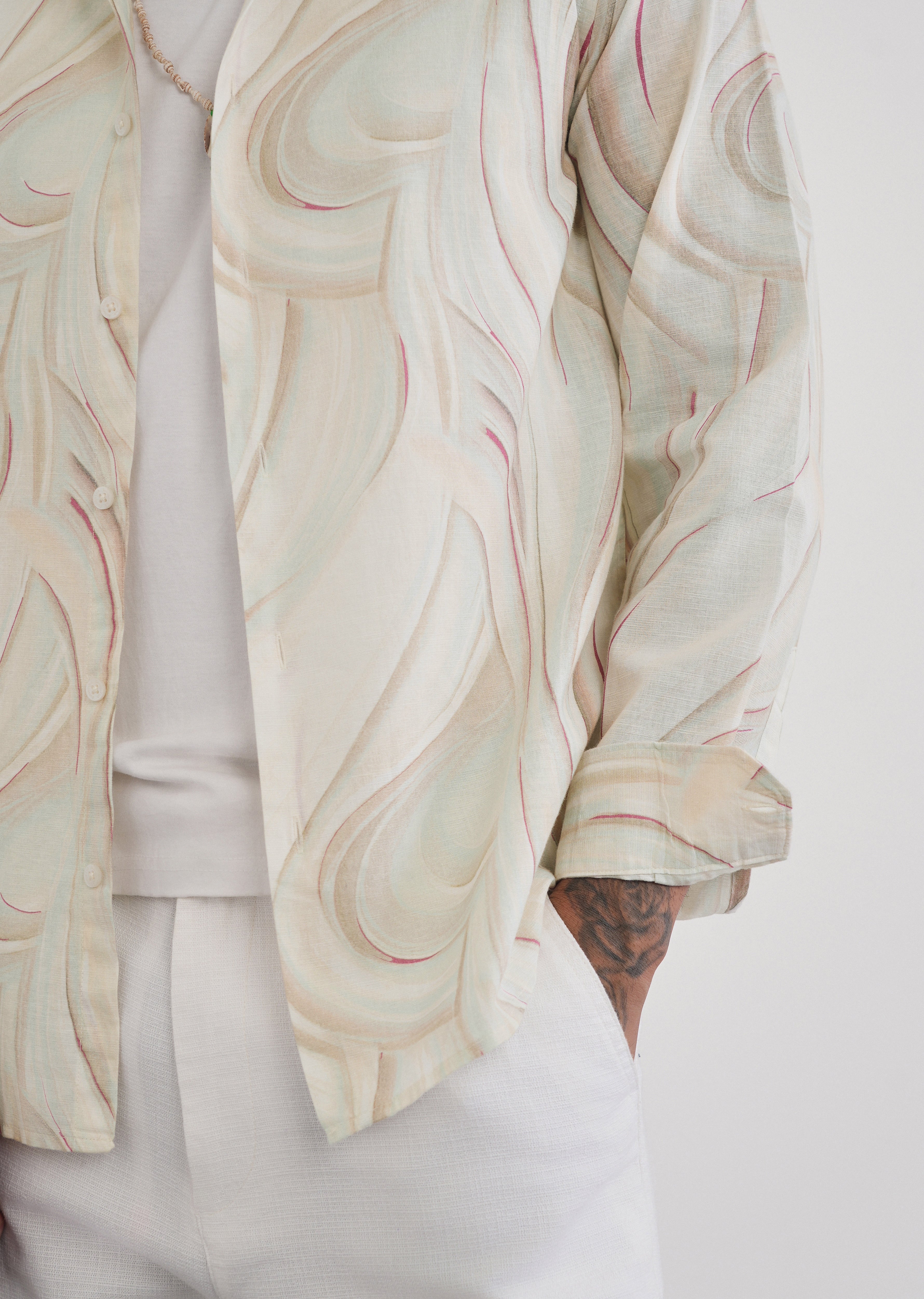 Beige Swirl Print Cotton Linen Shirt