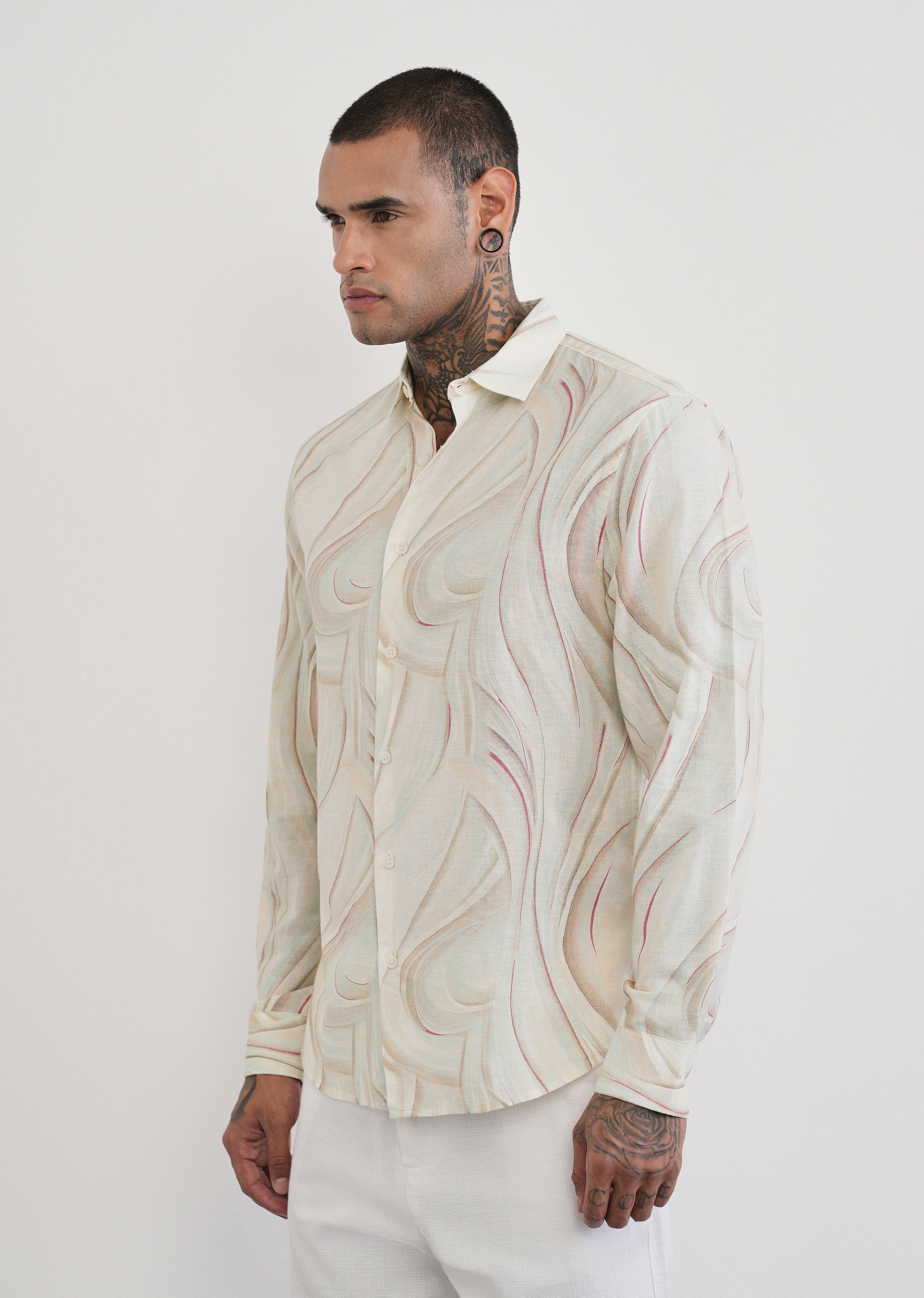Beige Swirl Print Cotton Linen Shirt