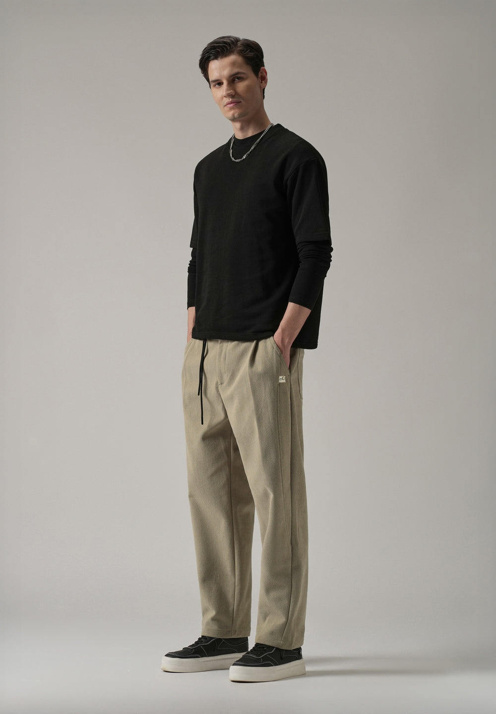 Beige Textured Corduroy Belt Pant