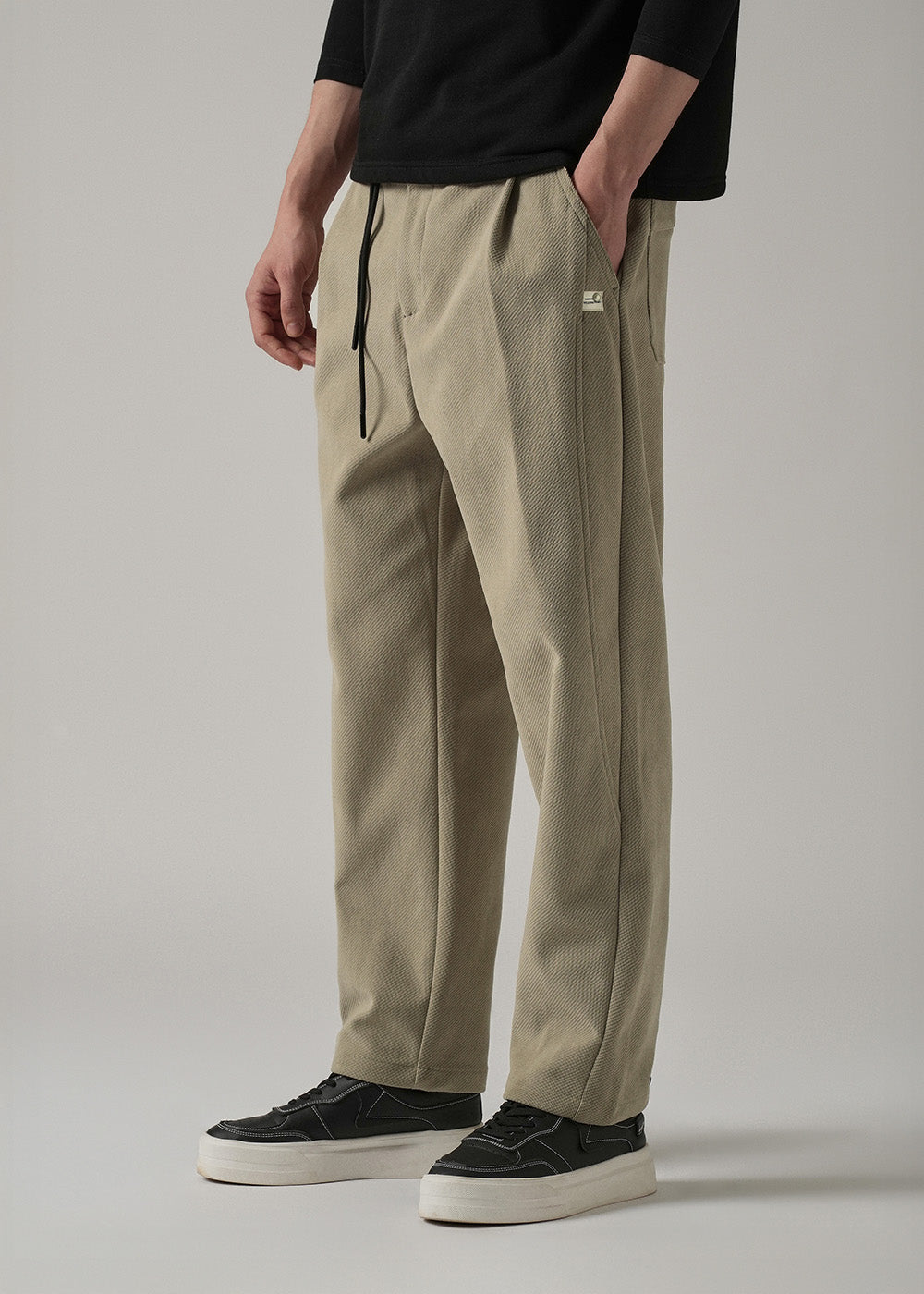Beige Textured Corduroy Belt Pant