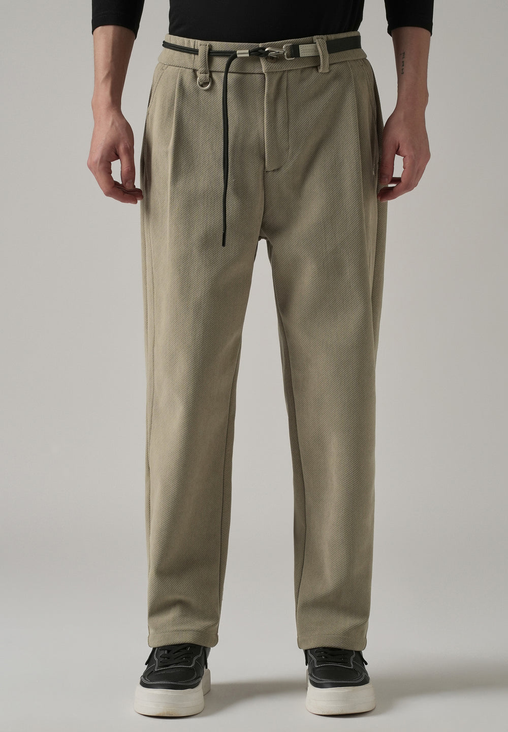 Beige Textured Corduroy Belt Pant