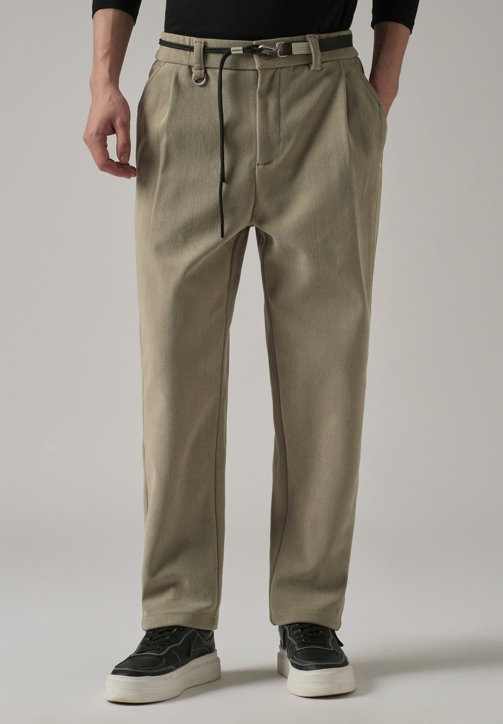 Beige Textured Corduroy Belt Pant