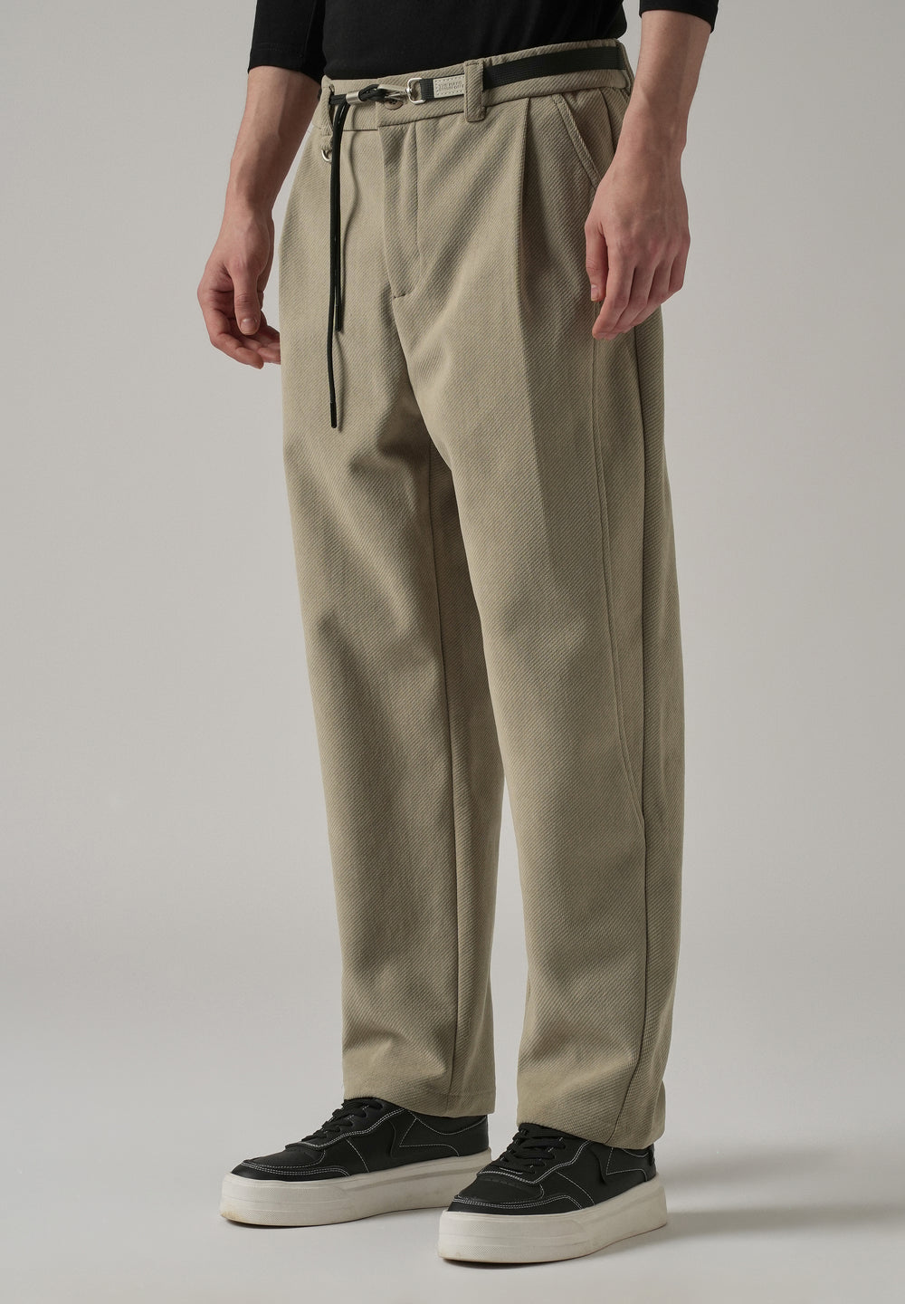 Beige Textured Corduroy Belt Pant